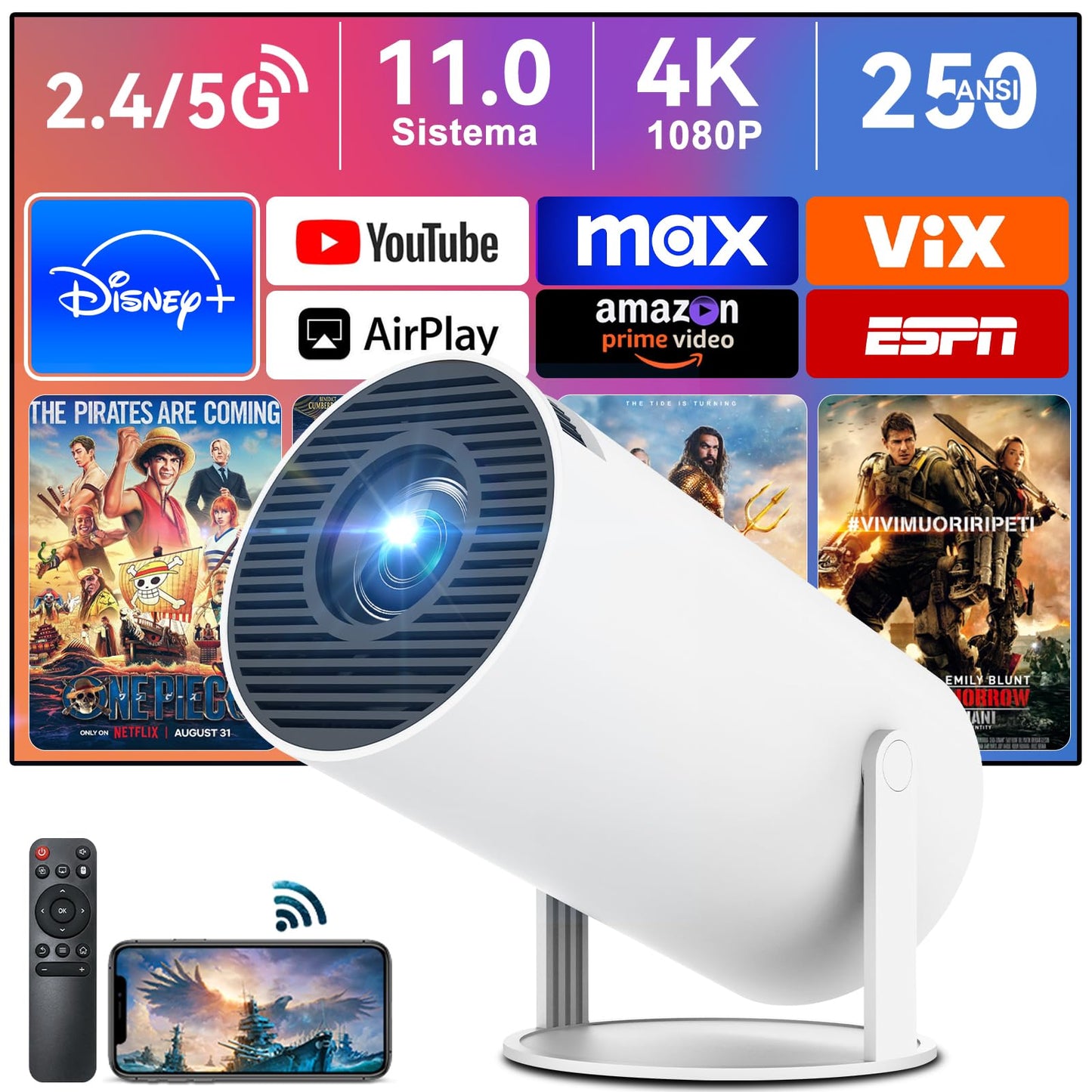 Proyector Portátil HY300 Pro 4K Blanco con Pantalla de 150 Pulgadas y WiFi 6