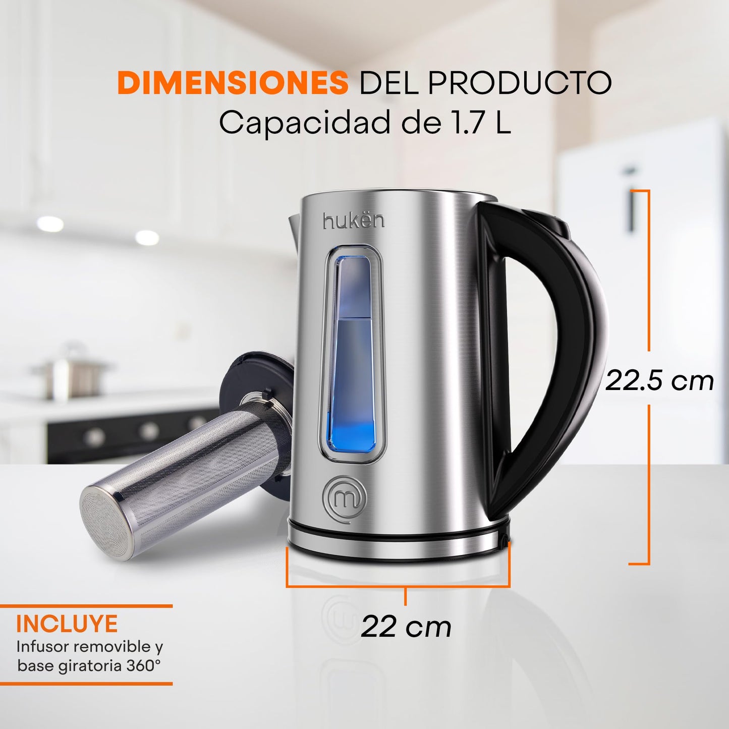 Hukën x MasterChef | Tetera Eléctrica Fuse+ con Infusor Removible | Hervidor de Vidrio/Acero Inoxidable | Base Giratoria 360° | Capacidad de 1.7 L | Calentador de Agua Rápido y Seguro (ON/OFF ACERO)
