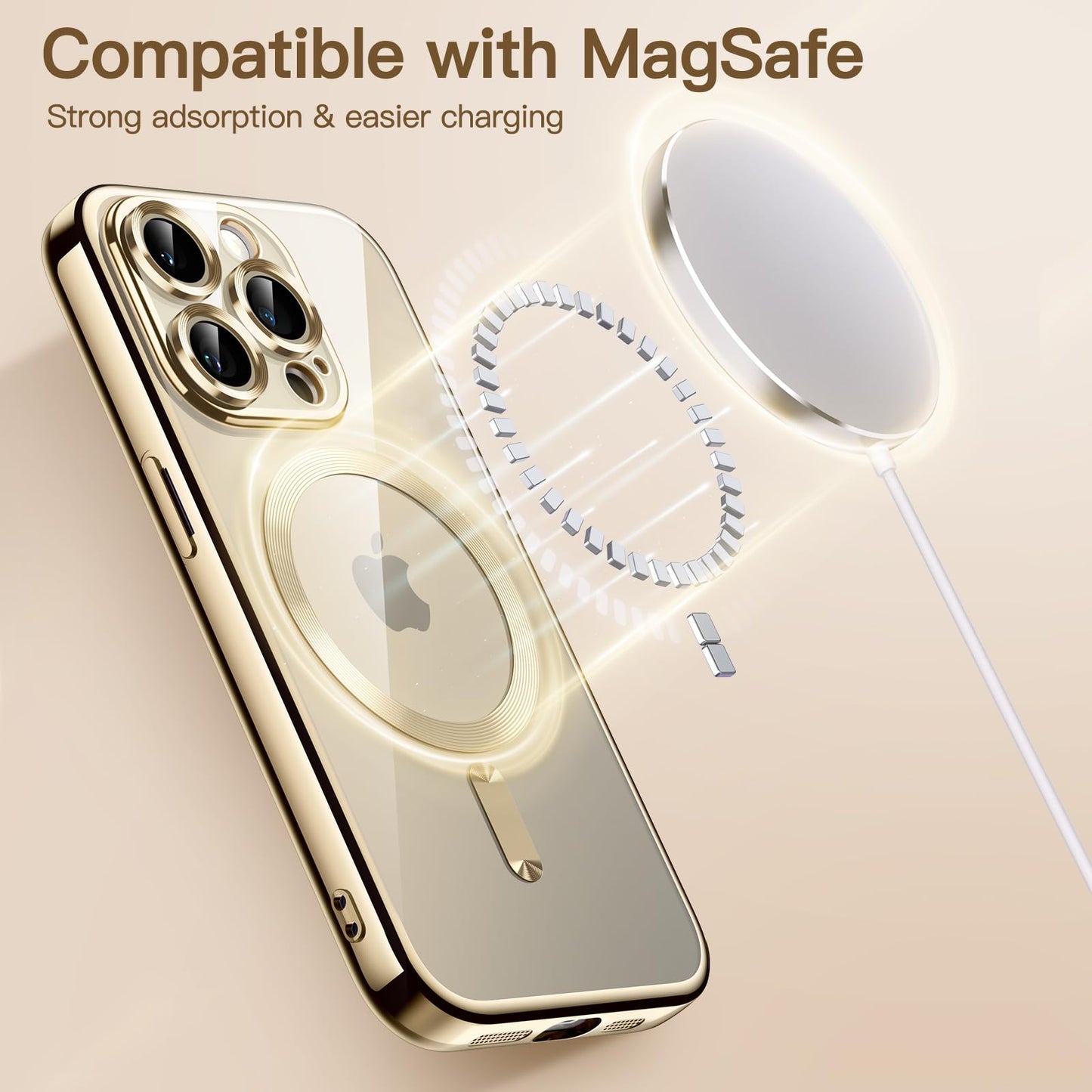 JETech Funda Suave Claro para iPhone 15 Pro MAX 6.7 Pulgadas, Lente Cámara Protección Completa, Compatible con MagSafe Carga Inalámbrica, Carcasa TPU Galvanizada Antigolpes (Oro)