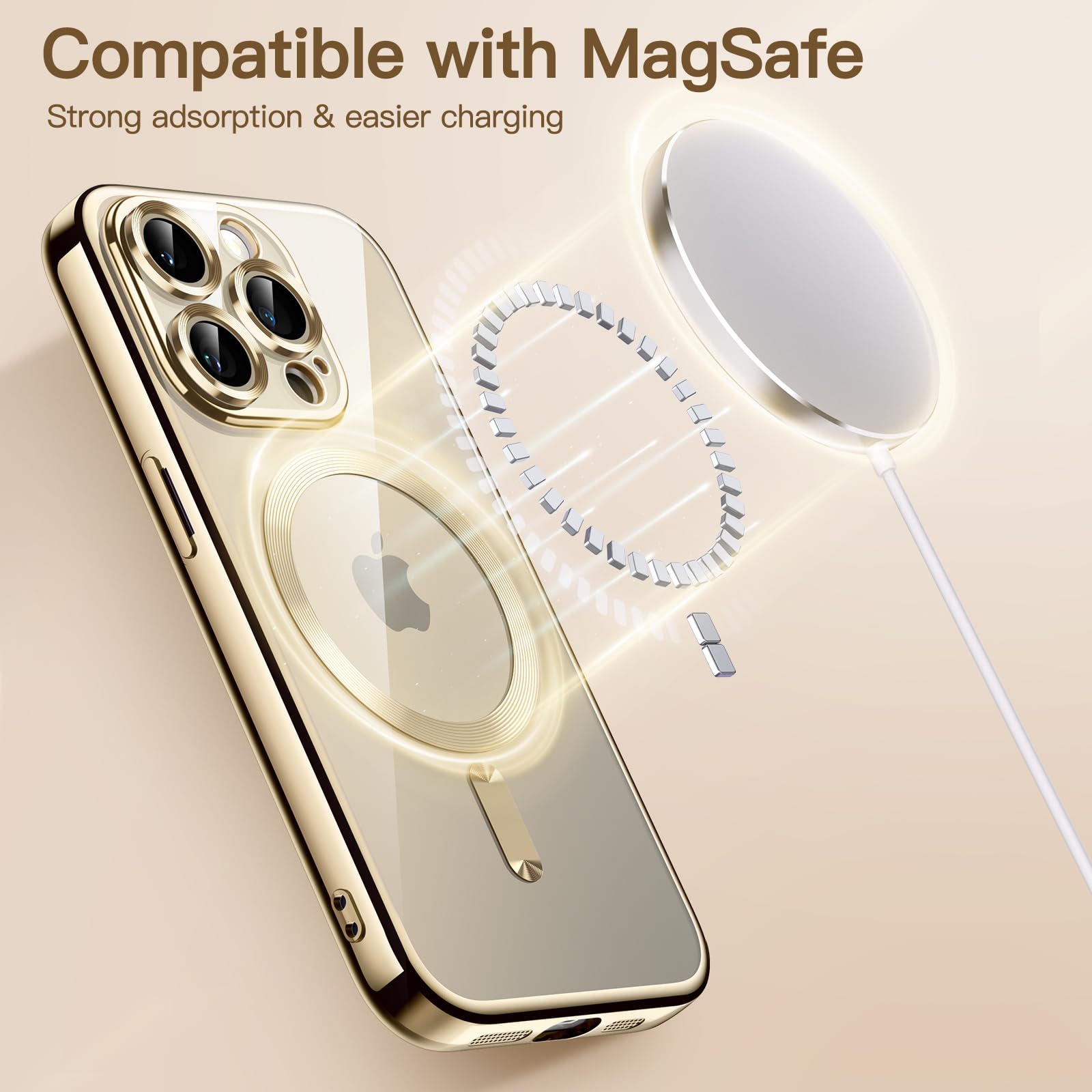 JETech Funda Suave Claro para iPhone 15 Pro MAX 6.7 Pulgadas, Lente Cámara Protección Completa, Compatible con MagSafe Carga Inalámbrica, Carcasa TPU Galvanizada Antigolpes (Oro)