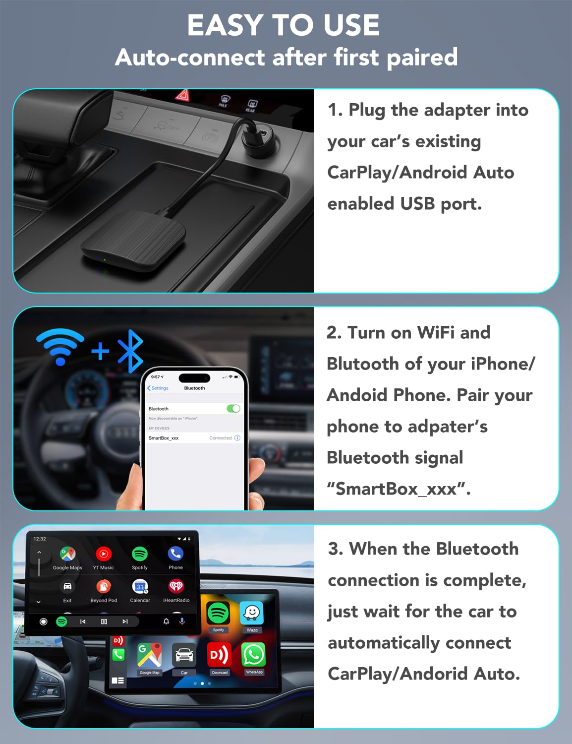 PHOCAR Adaptador Carplay Inalambrico y Android Auto Inalambrico para Auto, 2-en 1 Wireless Carplay Adapter, Plug and Play, Conexión Rápida y Estable, Compatible con iPhone y Android Phones