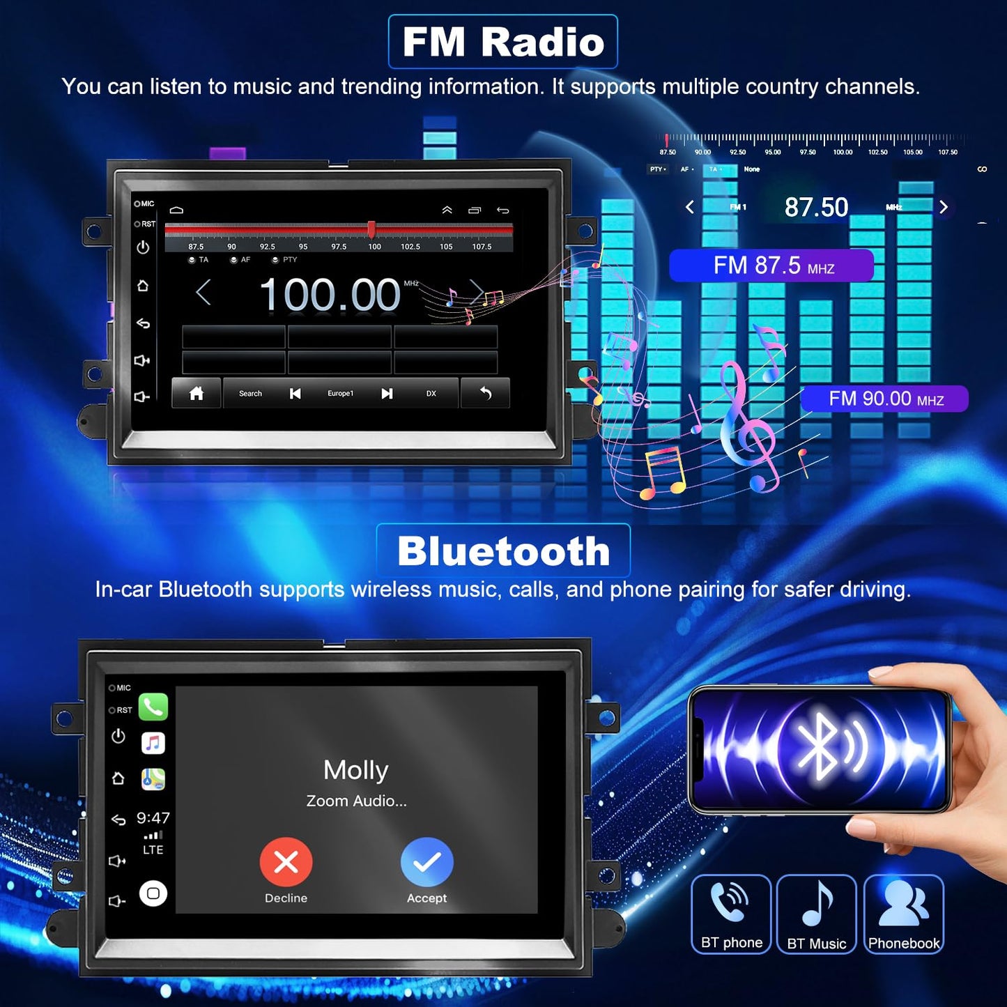 Radio de Coche con Actualización WiFi Android para Ford Mustang 2005-2009, Explorer 2006-2010, Ford E150/E250/E350 2009-2014 Unidad Principal de Estéreo de Pantalla Táctil de 7 Pulgadas Inalámbrica