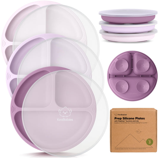 KeaBabies - Placas de succión con tapa para bebé, 3 unidades, 100% silicona, sin BPA, microondas (borgoña)