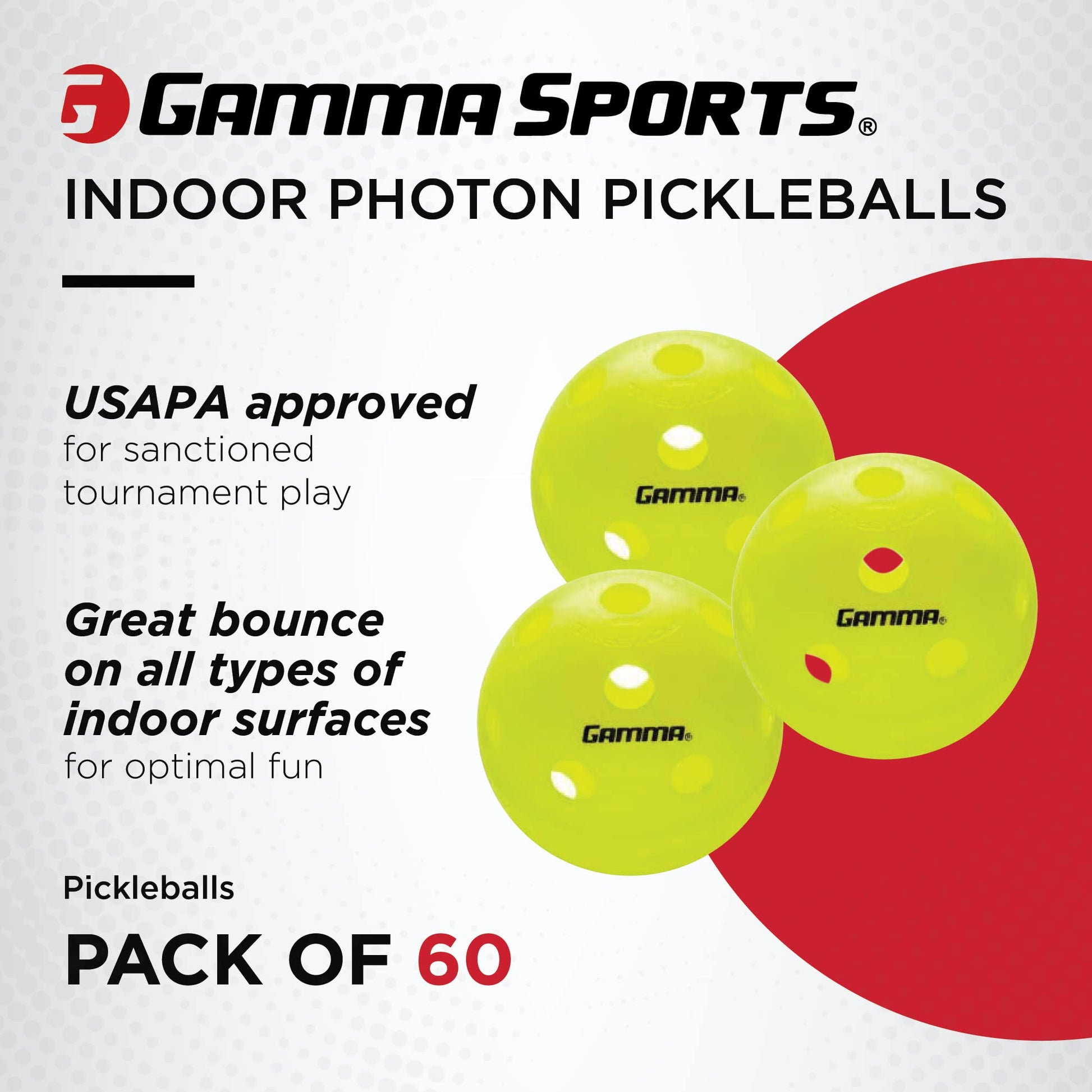 Gamma Sports Photon Indoor Pickleballs, High-Vis Optic Green USAPA Approved Pickleball Balls (60 Pack)