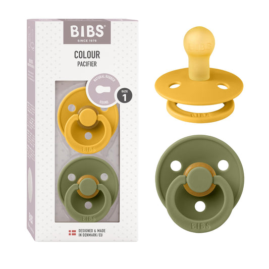 BIBS Colour Paquete de 2 chupetes. Libre de BPA, Tetina redonda. Látex natural, Talla 1 (0-6 meses) Honey Bee/Olive