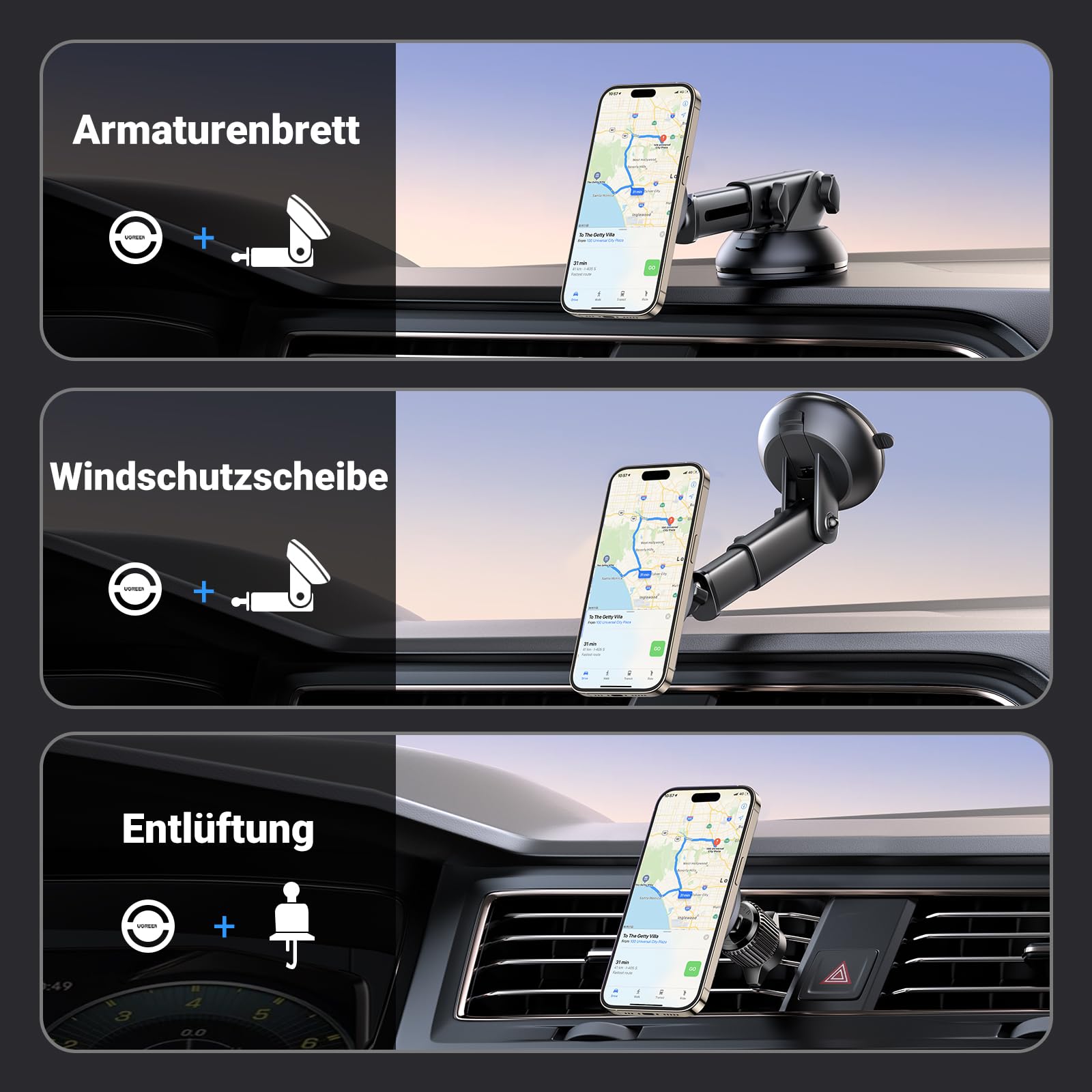 UGREEN Soporte Celular MagSafe para Automovil 2 en 1 con imán Giratorio 360°, ventilación y Ventosa, Base de Auto Compatible con iPhone 16/15/14/13/12 Pro MAX Mini y Otros Celulares con Fundas Magsafe