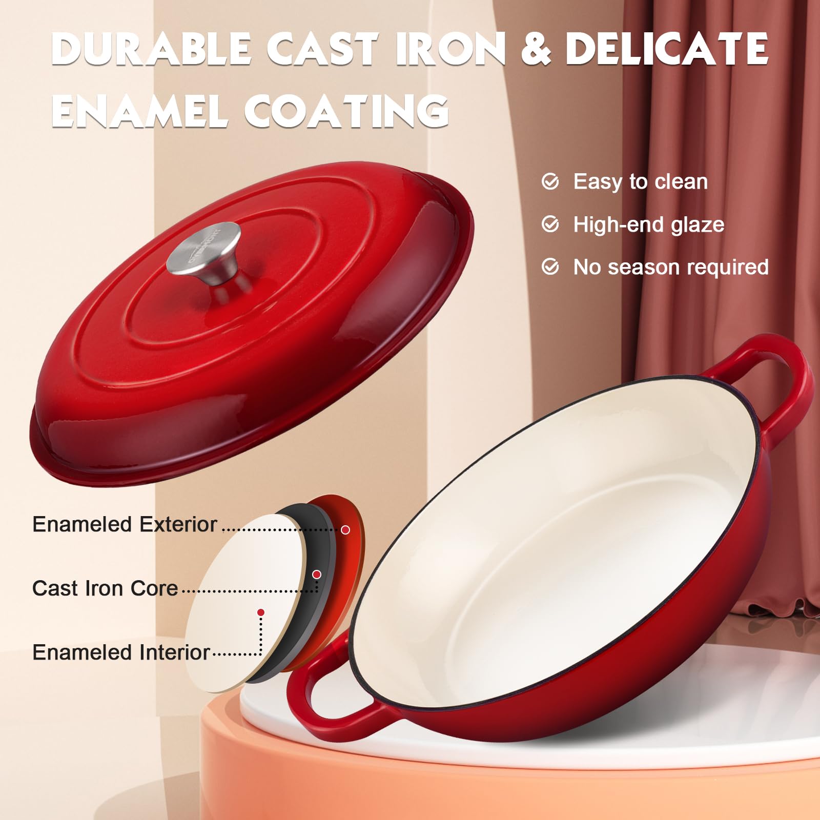 Overmont - Utensilios de cocina esmaltados de hierro fundido con libro de cocina y tapa, olla de horno holandés de 3.2 cuartos con revestimiento de esmalte para estofar, guisos, asar, hornear pan