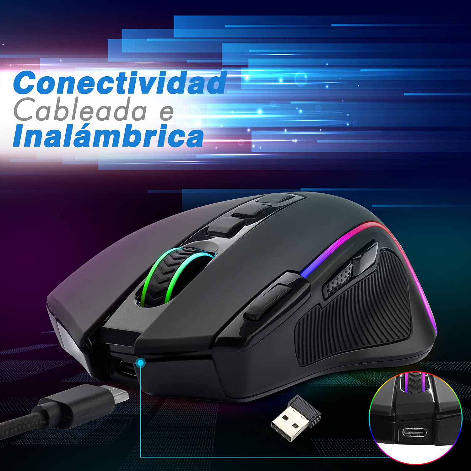 Mouse Gaming TERPORT S500 Inalámbrico Óptico RGB con 9 Botones Programables y 8000 DPI