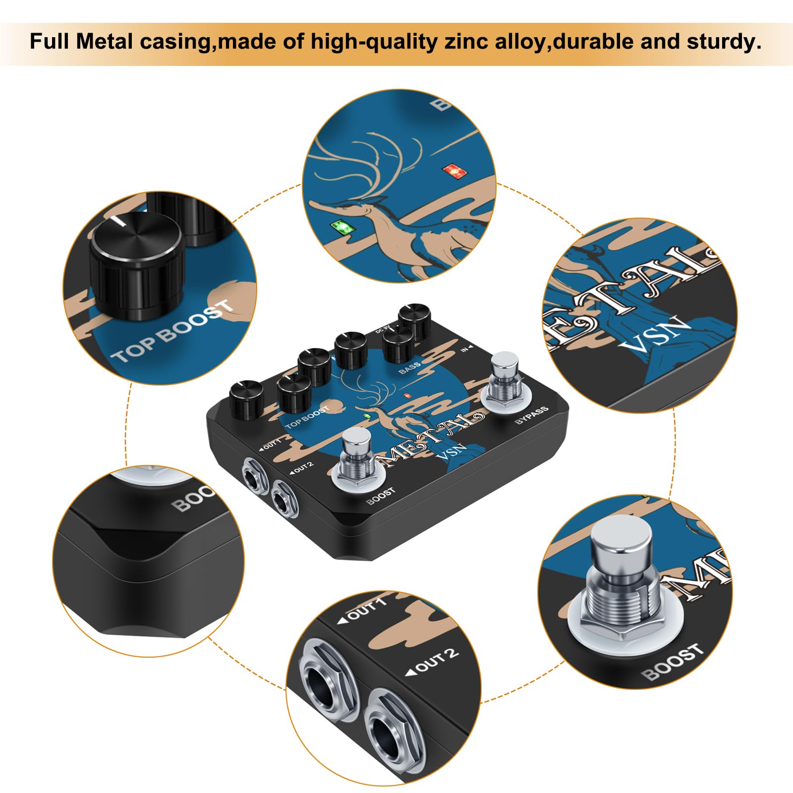 Pedal de Distorsión VSN Heavy Metal Muff Top Boost para Guitarra Metal 80s y 90s Negro