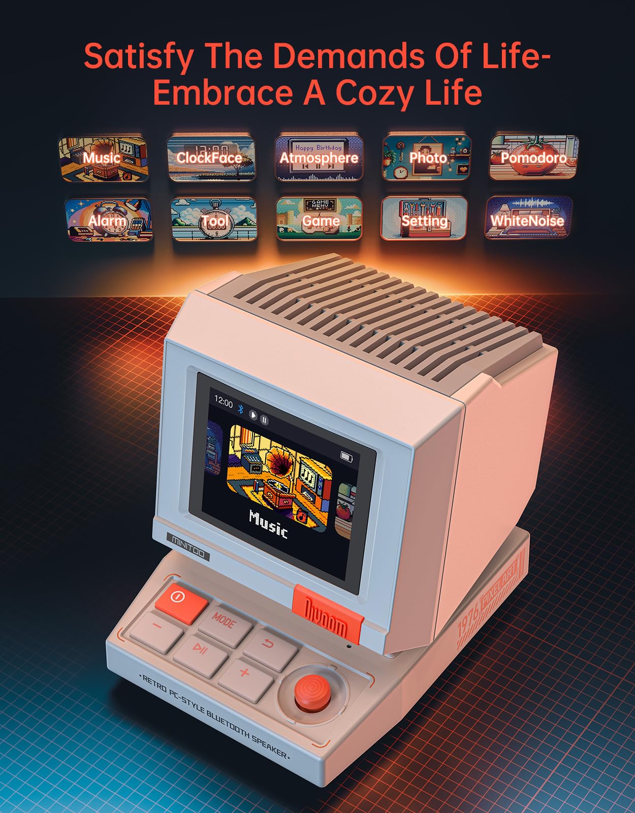 Divoom MiniToo - Altavoz Bluetooth retro Pixel – Diseño de PC inspirado en los años 90, control de aplicaciones, alarma, ruido blanco, altavoz de computadora retro para música, decoración de
