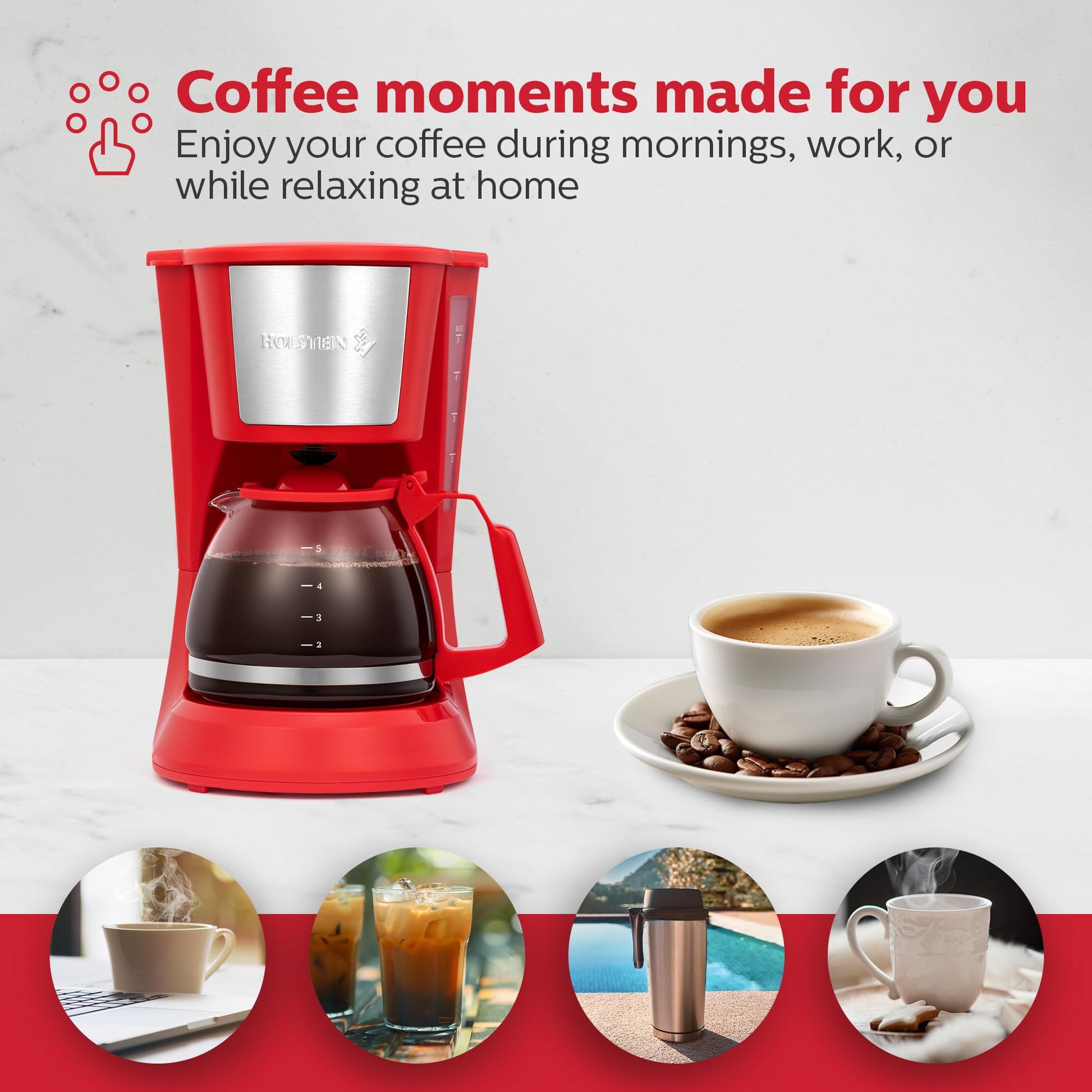 Cafetera de Goteo Holstein Housewares Roja con Filtro Permanente y Jarra de Vidrio para 5 Tazas