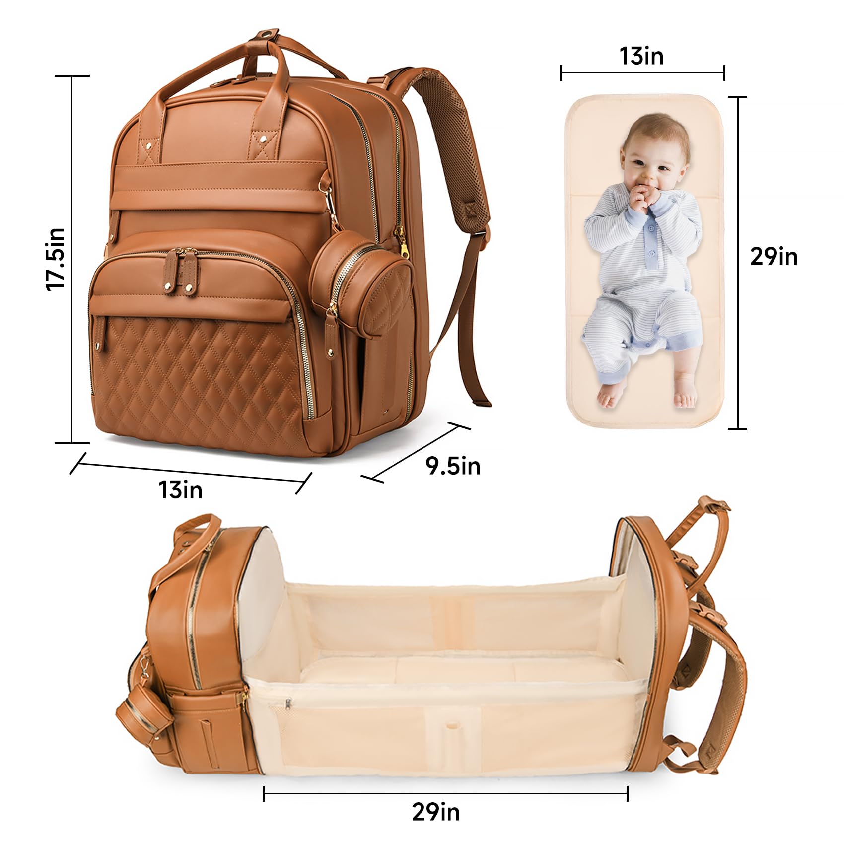 AHNTTGS - Bolsa para pañales con cambiador, Marrón, Grande
