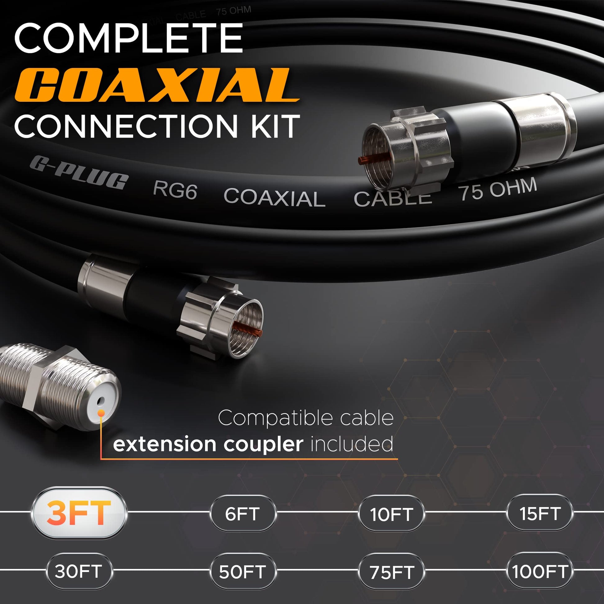 G-PLUG Cable Coaxial RG6 75 Ohm, Triple Blindaje, Conectores F Tipo Macho a Macho, Cable Antena TV, Satelital e Internet Banda Ancha, Incluye Acoplador F81, Negro