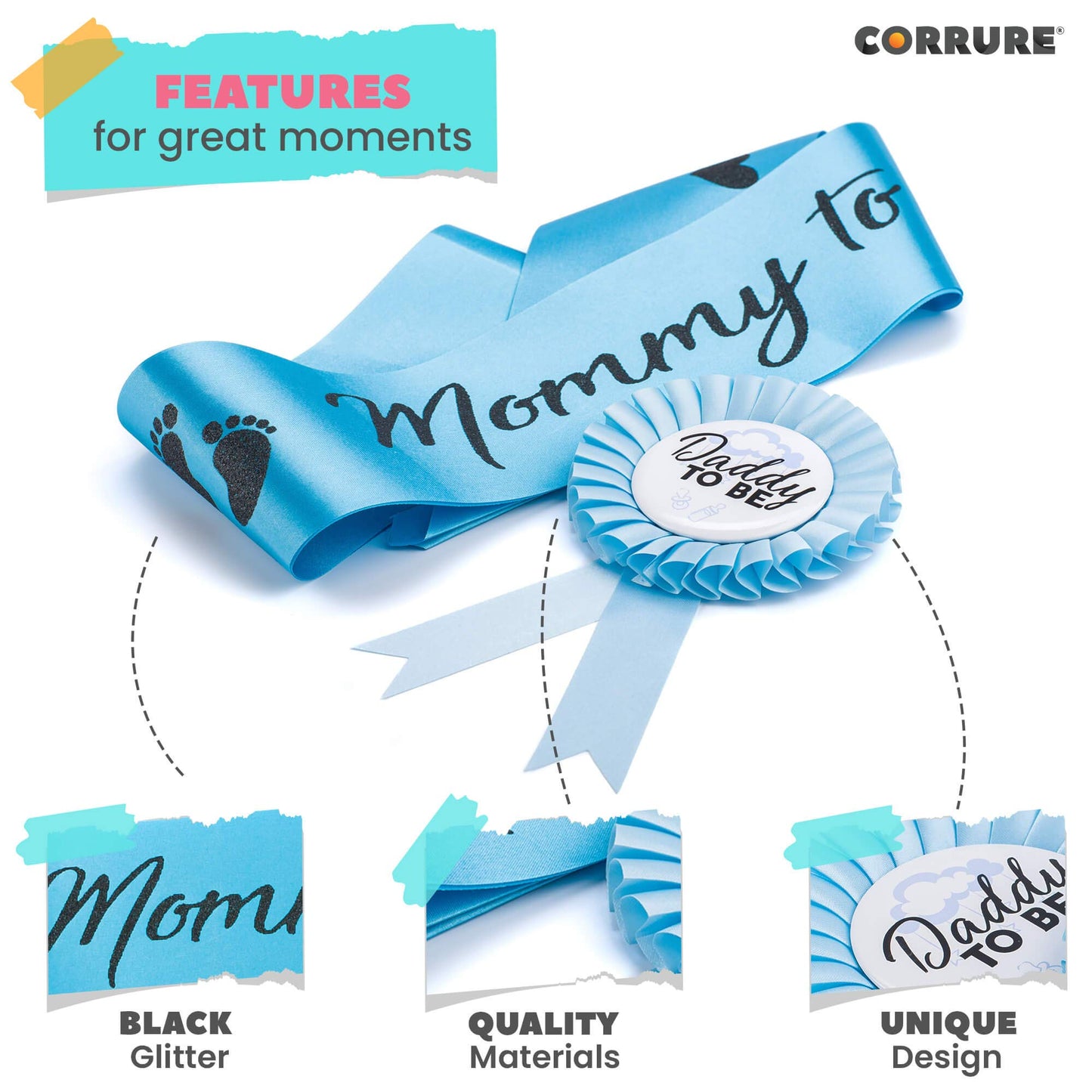 CORRURE Faja de ducha y botón Pin para niño – "Mommy to Be" y "Daddy to Be" Pin con hermosa cinta azul y texto negro con purpurina – Regalo ideal para mamá y papá para revelar el género/baby shower