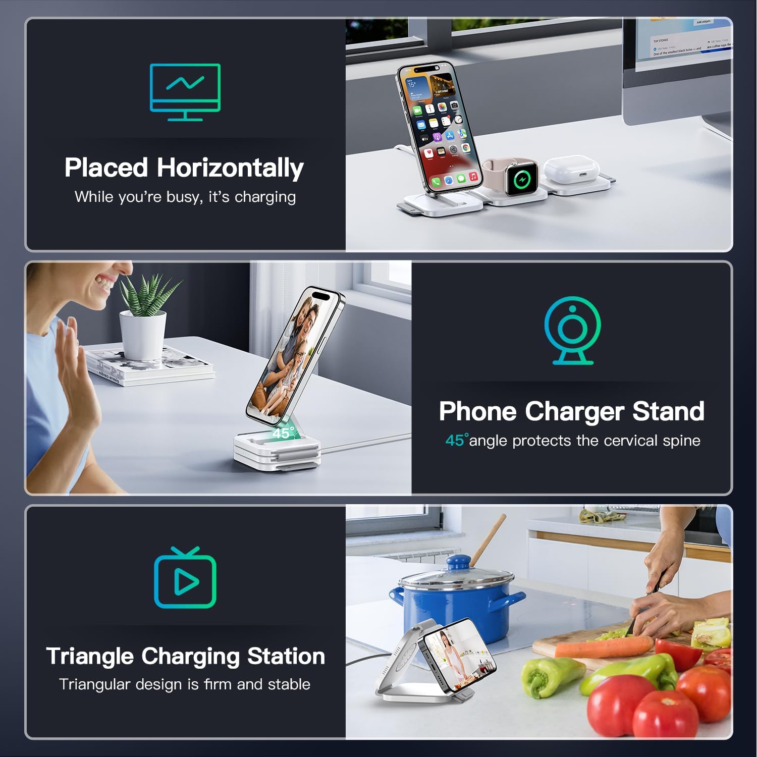JARGOU 3 in 1 Magnetic Wireless Charger, Fast Charging Station for iPhone 16/15/14/13/12 Series, Travel Charger for Multiple Devices for AirPods 4/3/2/Pro, Charging Stand for Apple Watch S10 Series