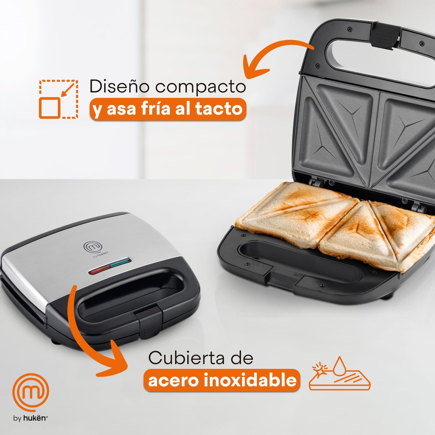Sandwichera MasterChef Hukën Acero Inoxidable 750W Superficie Antiadherente Fácil Limpieza