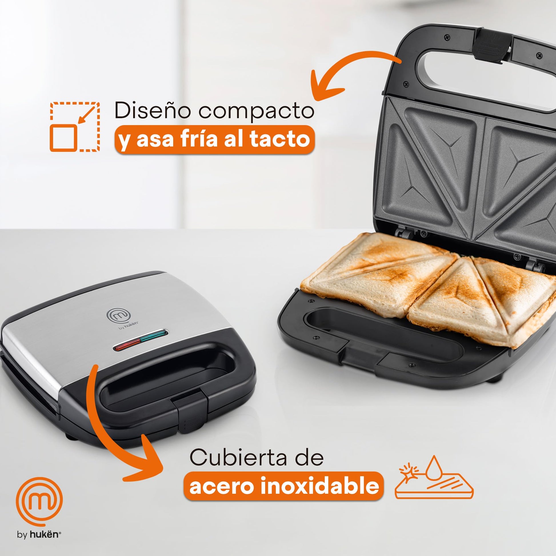Sandwichera MasterChef Hukën Acero Inoxidable 750W Superficie Antiadherente Fácil Limpieza