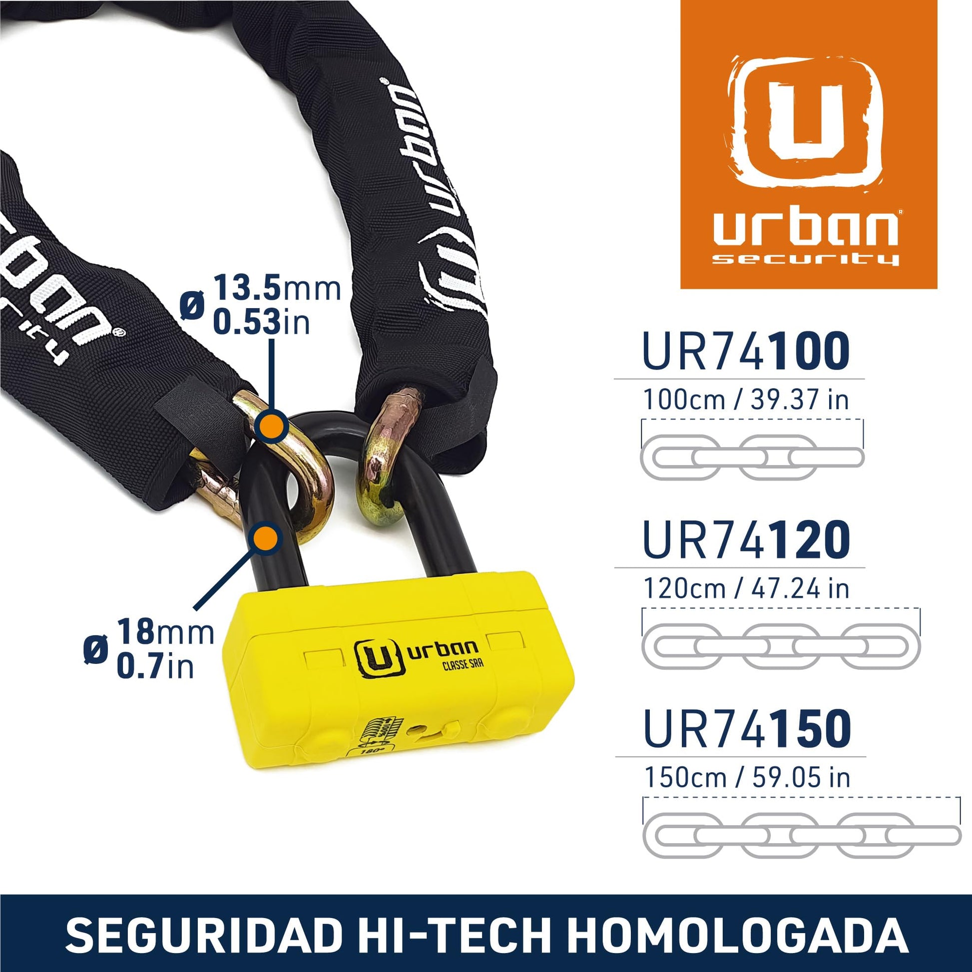urban UR74120 Candado Cadena Antirrobo Moto Alta Seguridad Homologado Classe SRA, Mini U Bloqueo Disco + Cadena ø13.5, 120 cm, Amarillo