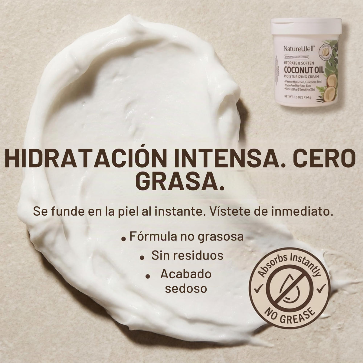 NatureWell Crema Humectante de Aceite de Coco Extra Virgen, 453.6 gr / 16 oz