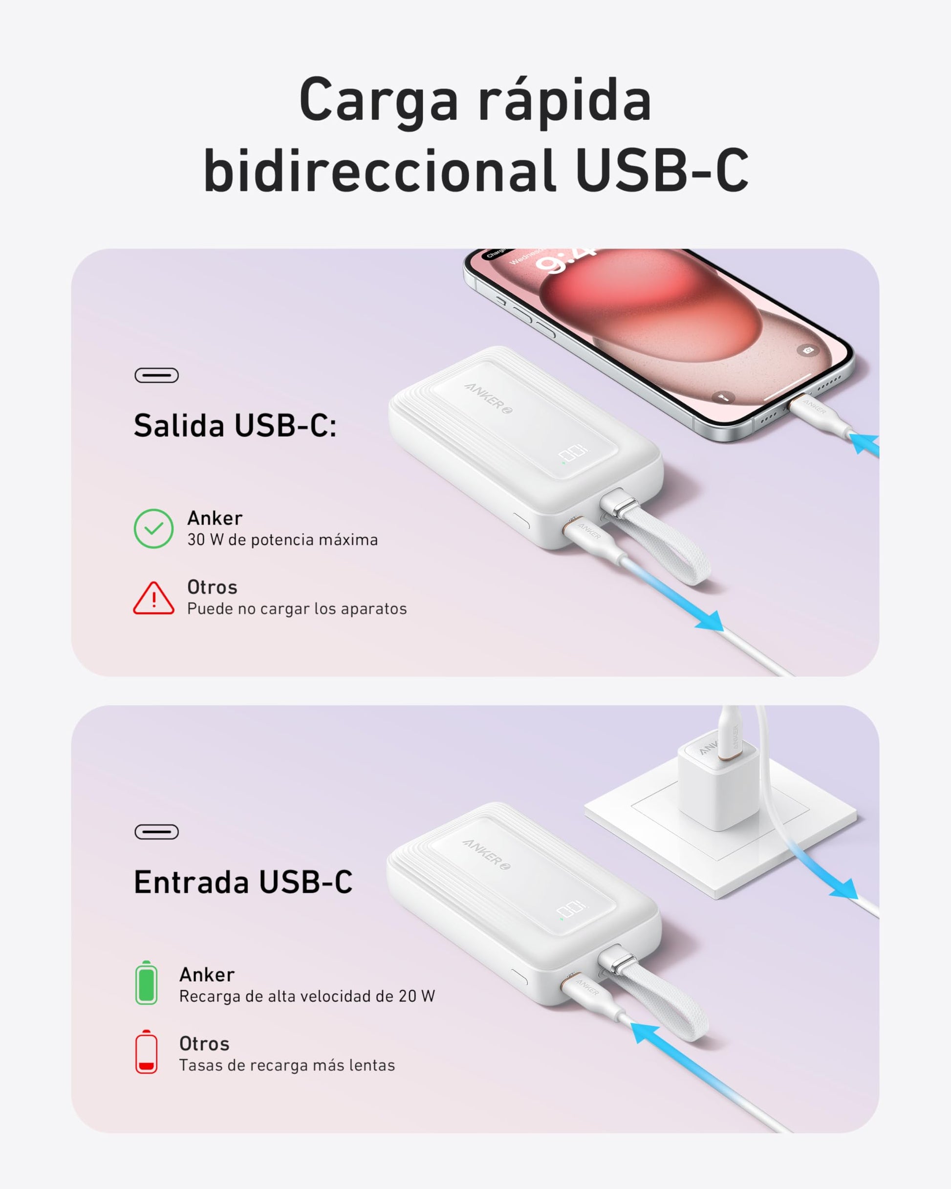 Power Bank Anker Zolo 10,000 mAh 30W con Cable USB C Integrado para iPhone, MacBook, Galaxy e iPad