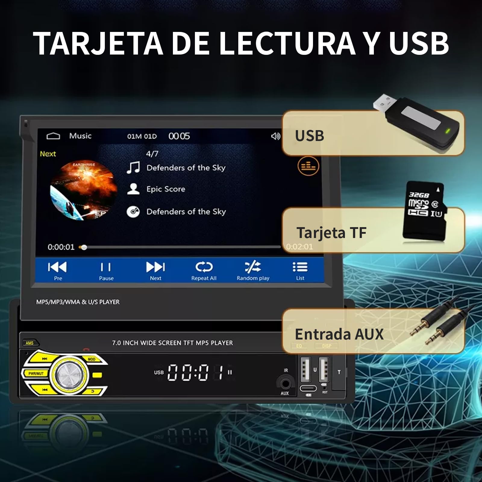 FINYQBET Estéreo para Auto 9610C de 7 Pulgadas con CarPlay y Android Auto, Pantalla Táctil Retráctil, Bluetooth y Cámara de Reversa, Ideal para Conducir Seguro y Entretenimiento en Viajes