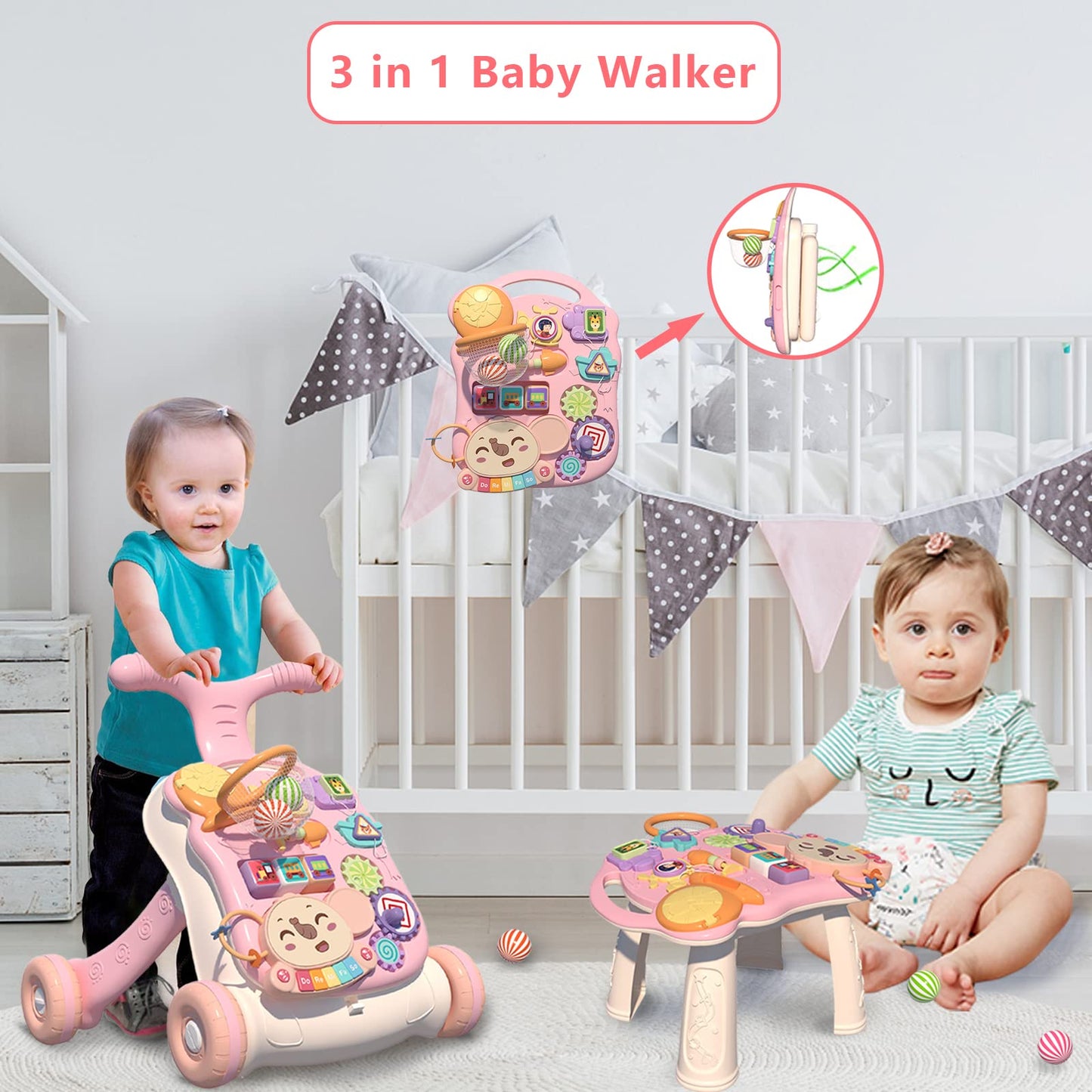QDRAGON 3 en 1 Baby Walker y centro de actividades para niña, aprendiendo a caminar, sentarse para estar de pie, juguetes educativos tempranos con panel de música para bebés más de 12 meses, color