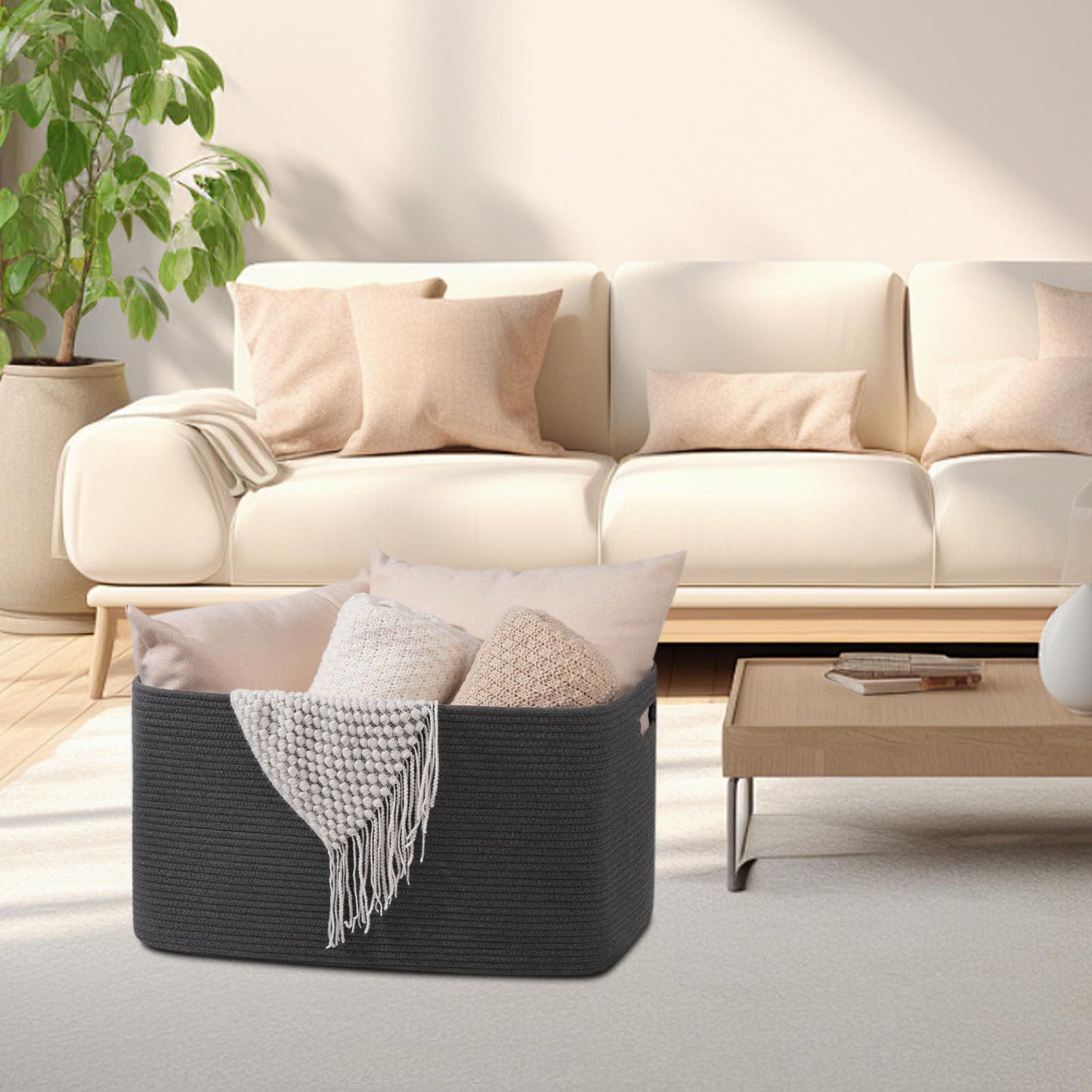 OIAHOMY Cesta de almacenamiento rectangular grande, 22 x 17 x 12 pulgadas, cesta de manta tejida para lavandería, sala de estar, guardería, recámara, cestas de juguetes, cubos organizadores, gris