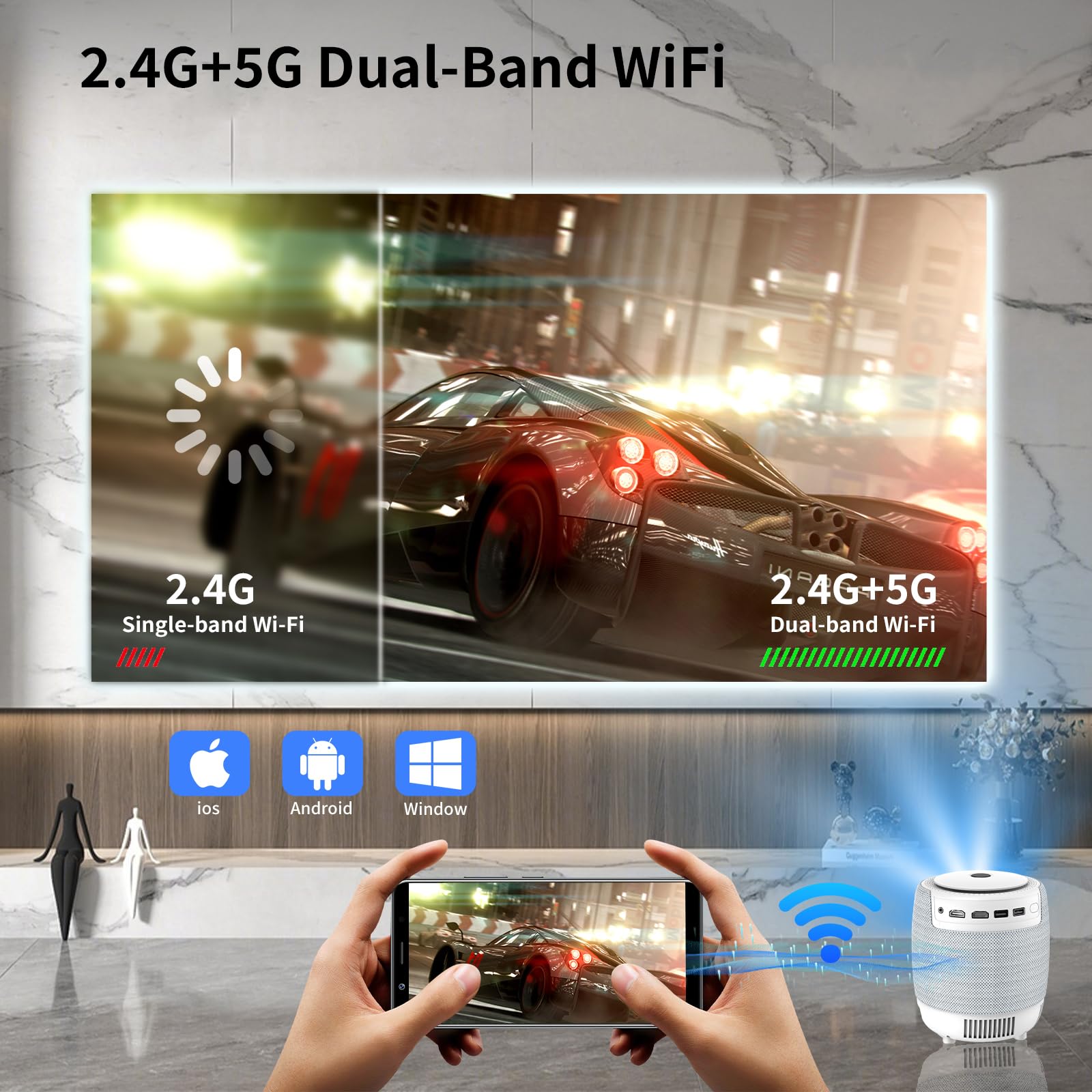 Genérico Proyector Inteligente portátil WiFi Bluetooth 4K 1080p Pantalla Grande para casa películas al Aire Libre reuniones y Juegos