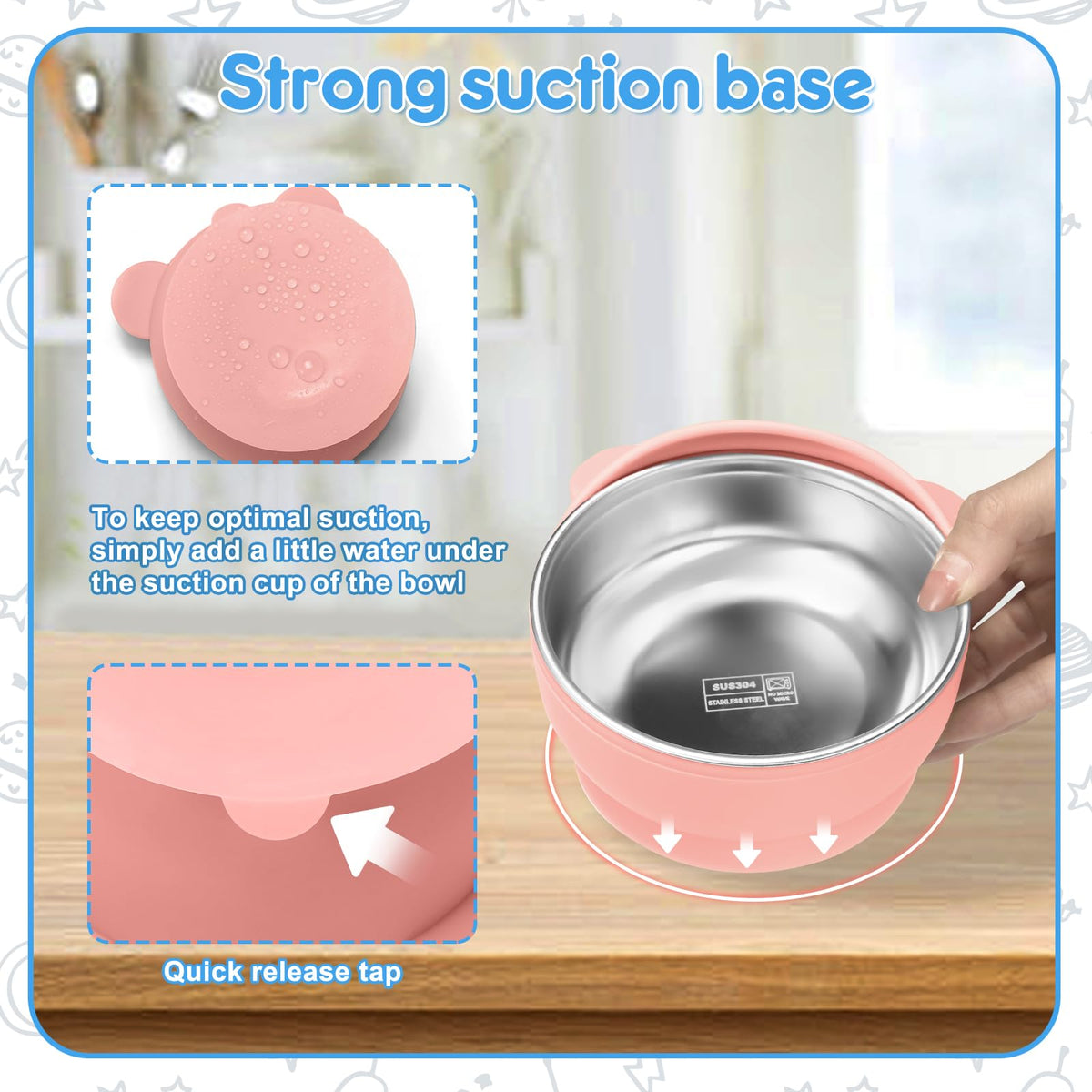 Wesketch Paquete De 2 Tazones De Acero Inoxidable Para Bebé Con Ventosa De Silicona Antideslizante Extraíble, Recipiente Antiescaldaduras Para La Alimentación Del Bebé, Incluye Tenedores Y Cucharas, A