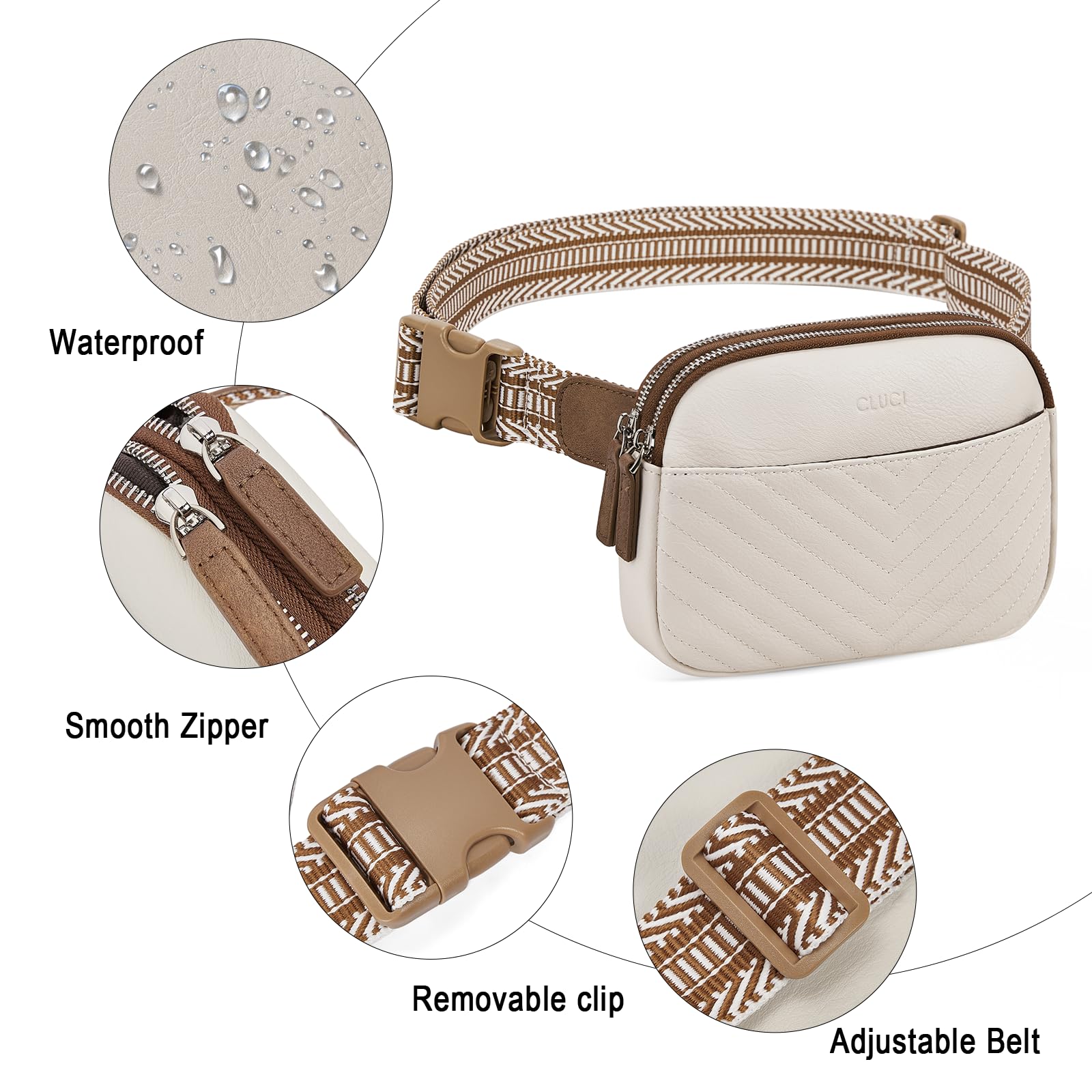 CLUCI - Riñonera para mujer, mini bolso cruzado en todas partes, correa ajustable, piel vegana, riñonera para mujer, A-1 Beige, Una talla
