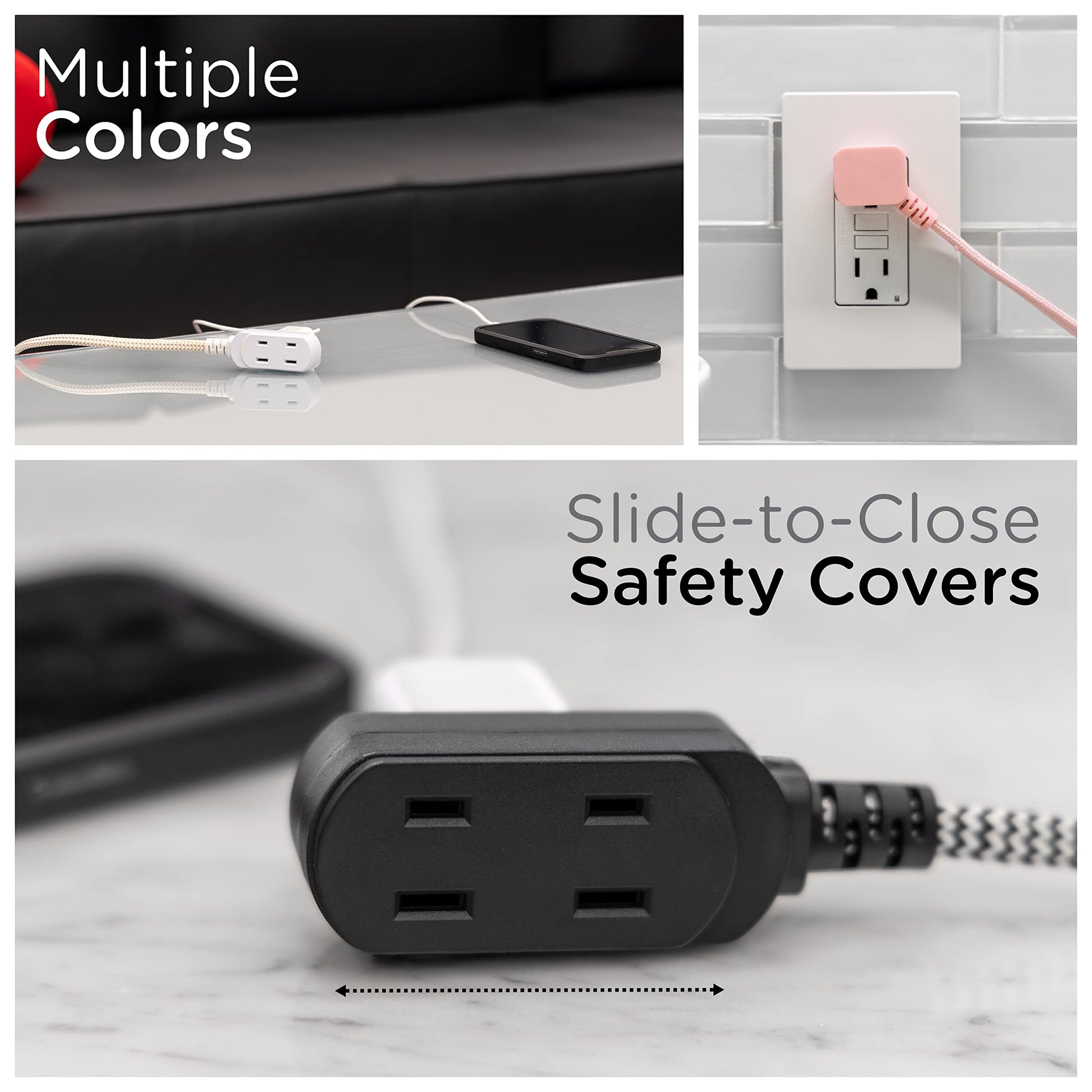Cordinate Designer, Extension Electrica de 3 salidas polarizadas, Cable Trenzado de 2.4 m (8 pies), Sistema de Seguridad para Trabar, Enchufe Plano, Certificacion ETL, Blanco/Negro, 1 paquete, 39984