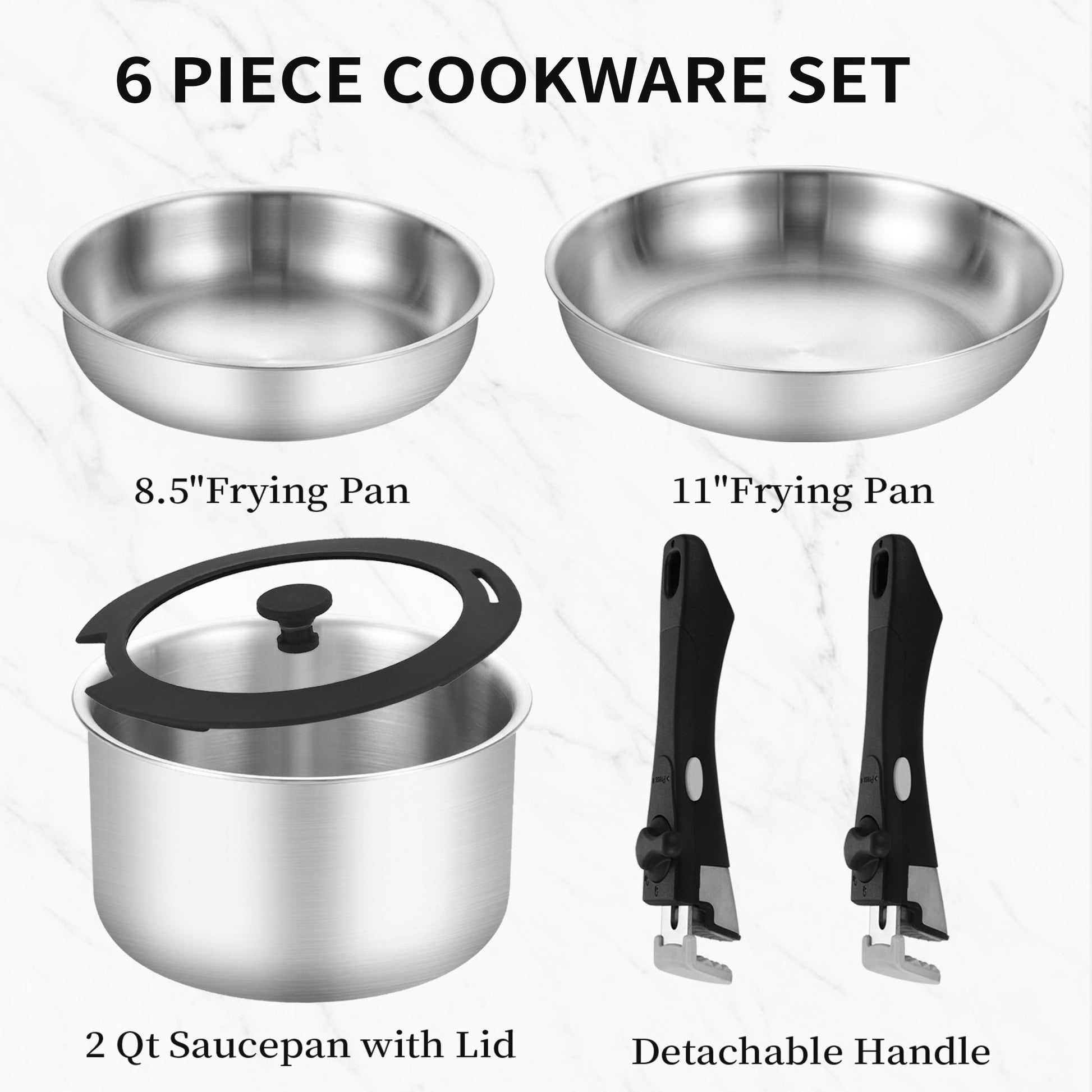 INQIBEE-El set de sartenes de acero inoxidable tricapa, apto para inducción, ideal para hogar y camping en RV, con asa desmontable para utensilios de cocina, apto para lavavajillas y horno.