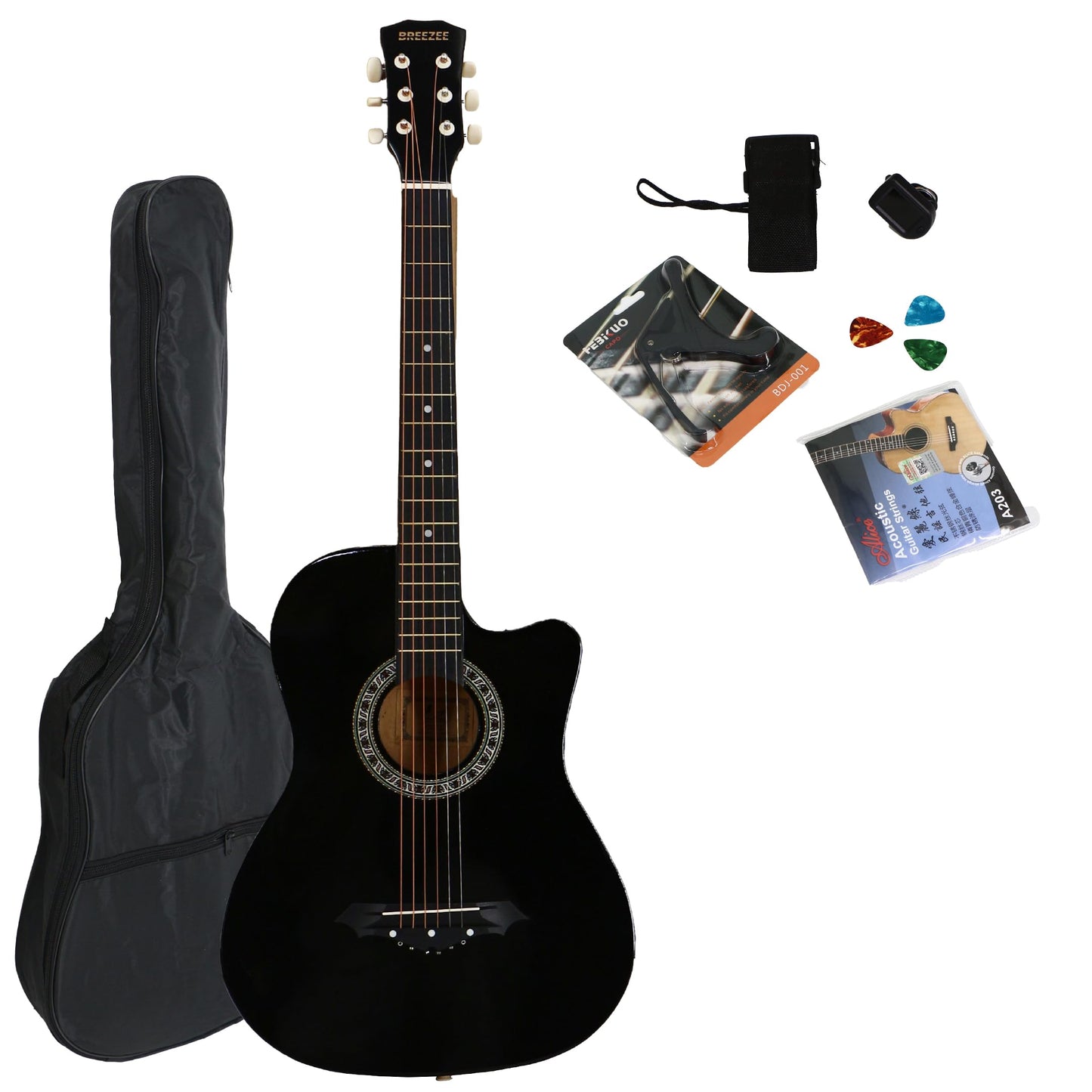 BREEZEE Guitarra Acústica Curva Recortada de 38 Pulgadas Fabricada Sobre Madera de Tilo 18 Trastes, Kit de Accesorios Funda, Capo, Plumillas, Correa, Cuerdas Extra de Metal, Adultos y Niños