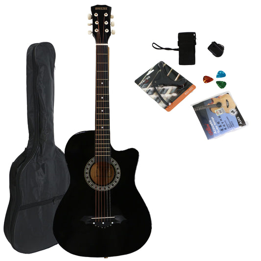 BREEZEE Guitarra Acústica Curva Recortada de 38 Pulgadas Fabricada Sobre Madera de Tilo 18 Trastes, Kit de Accesorios Funda, Capo, Plumillas, Correa, Cuerdas Extra de Metal, Adultos y Niños