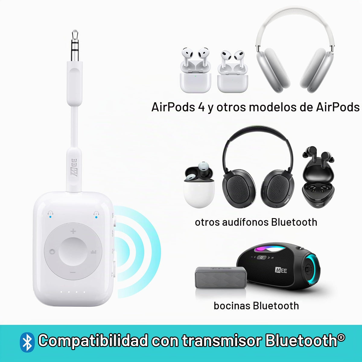 Transmisor y Receptor Inalámbrico MEE Audio Connect Air Pro Negro con Adaptador 2 en 1 y Cable Desmontable para Auriculares Bluetooth