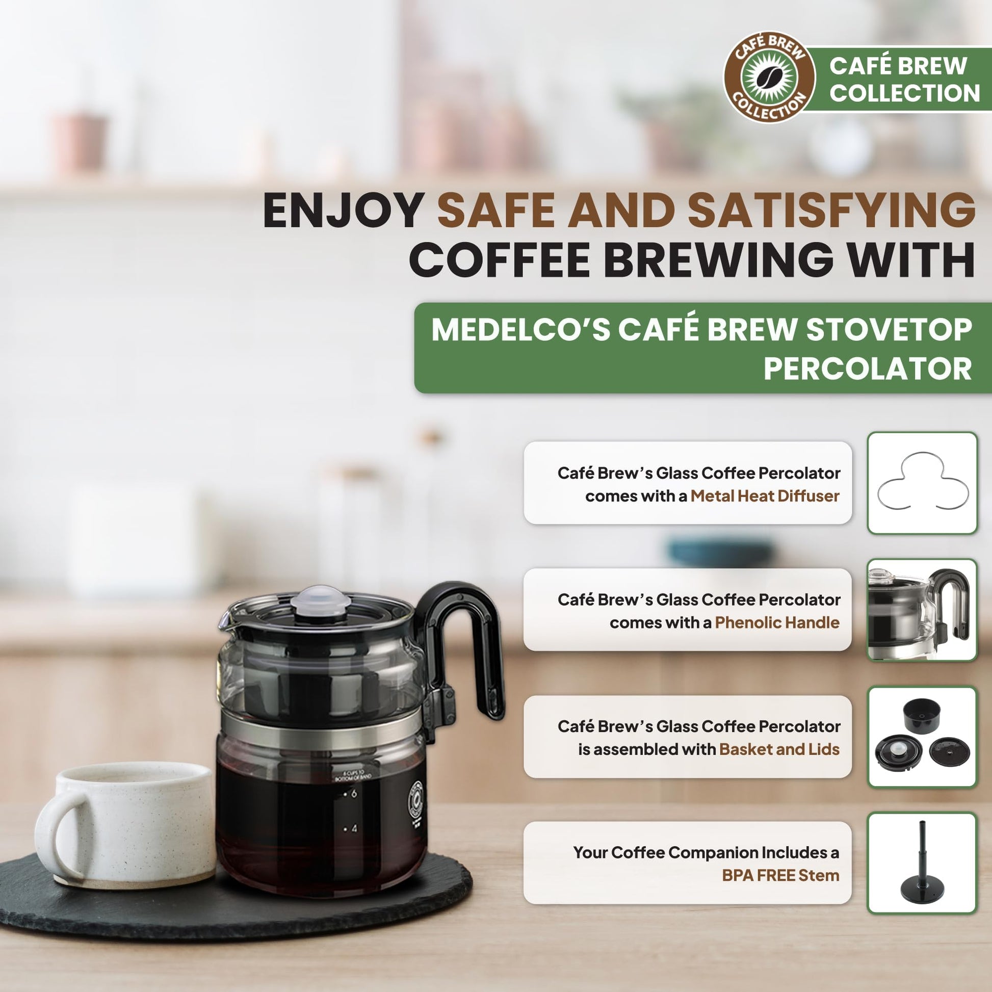 Café Brew Collection - Cafetera de vidrio de 8 tazas - Percolador de café de vidrio borosilicato, sin BPA, apto para lavaplatos, preparación en rangos eléctricos y de gas