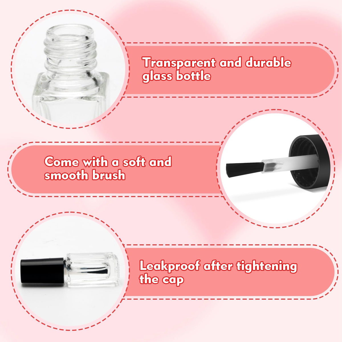 Adecco LLC Empty Nail Polish Clear Bottles with Brush Cap (5P)