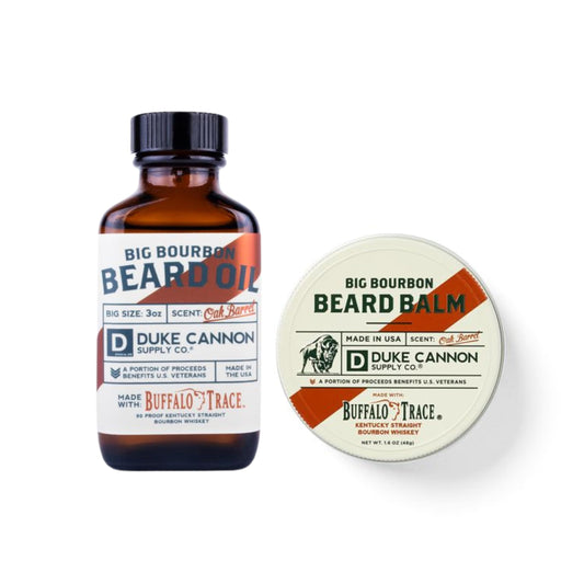 Duke Cannon Supply Co. Bálsamo y aceite para barba Duke Cannon Big Bourbon, aroma a barrica de roble amaderado, cuidado premium para la barba con bourbon Buffalo Trace. (Paquete de 2)