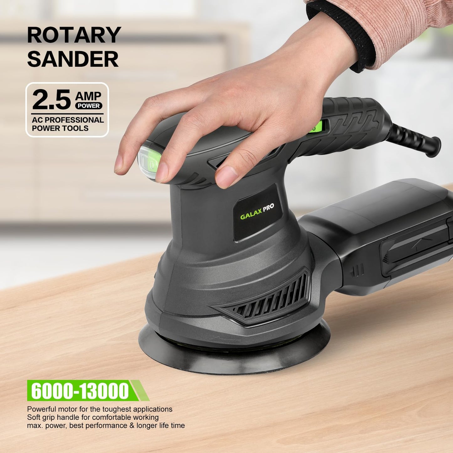 GALAX PRO - Lijadora orbital rotativa de 2.5 A, lijadora orbital eléctrica de 300 W con 6 velocidades diferentes de 6000 a 13000 RPM, 4.9 pulgadas con 20 papeles de lija, 1 bote de polvo, apto para