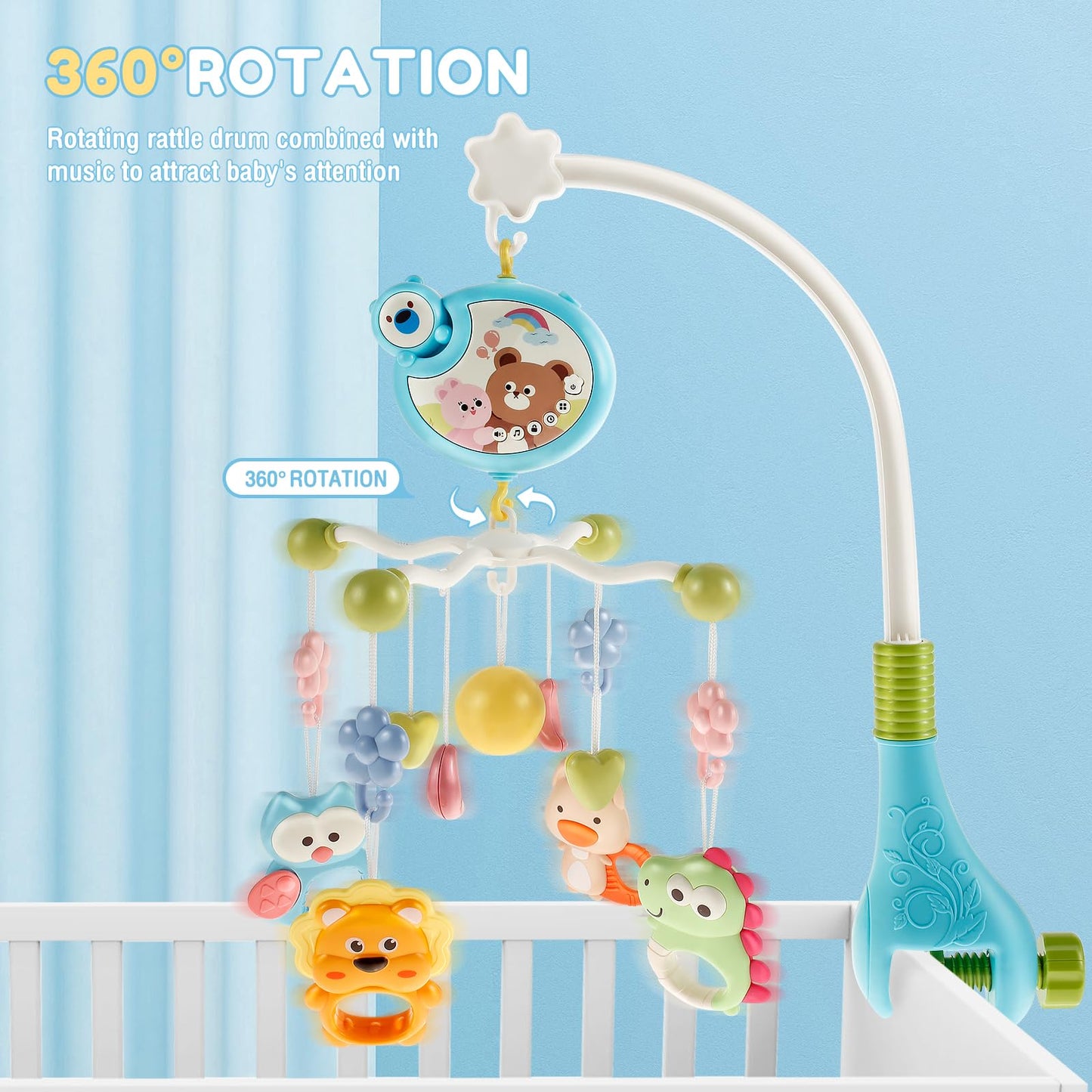 Móvil Musical Montessori Azul con Luces Nocturnas y Rotación de 360° para Bebé