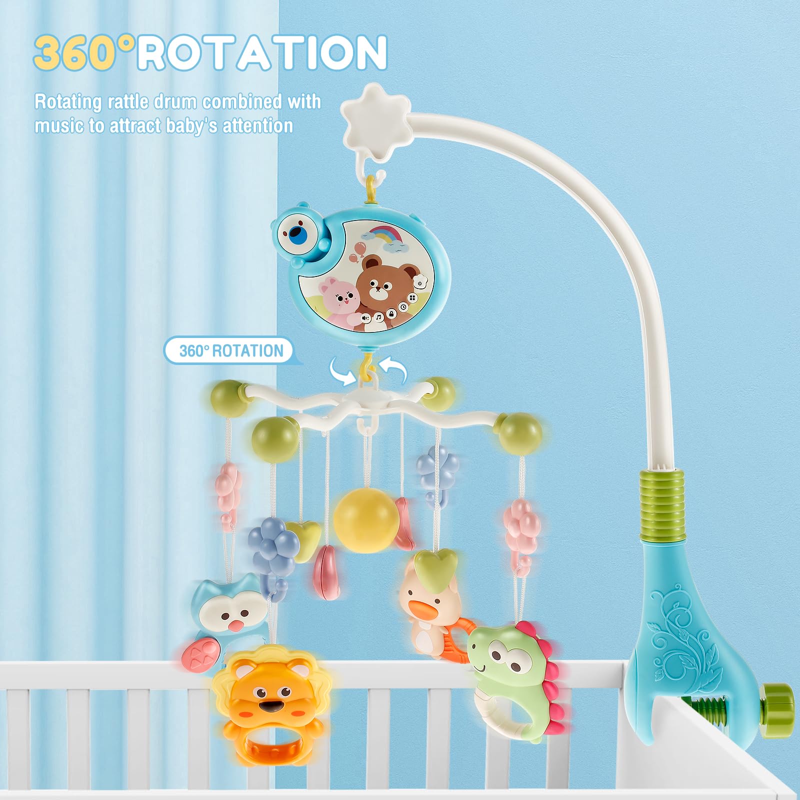 Móvil Musical Montessori Azul con Luces Nocturnas y Rotación de 360° para Bebé