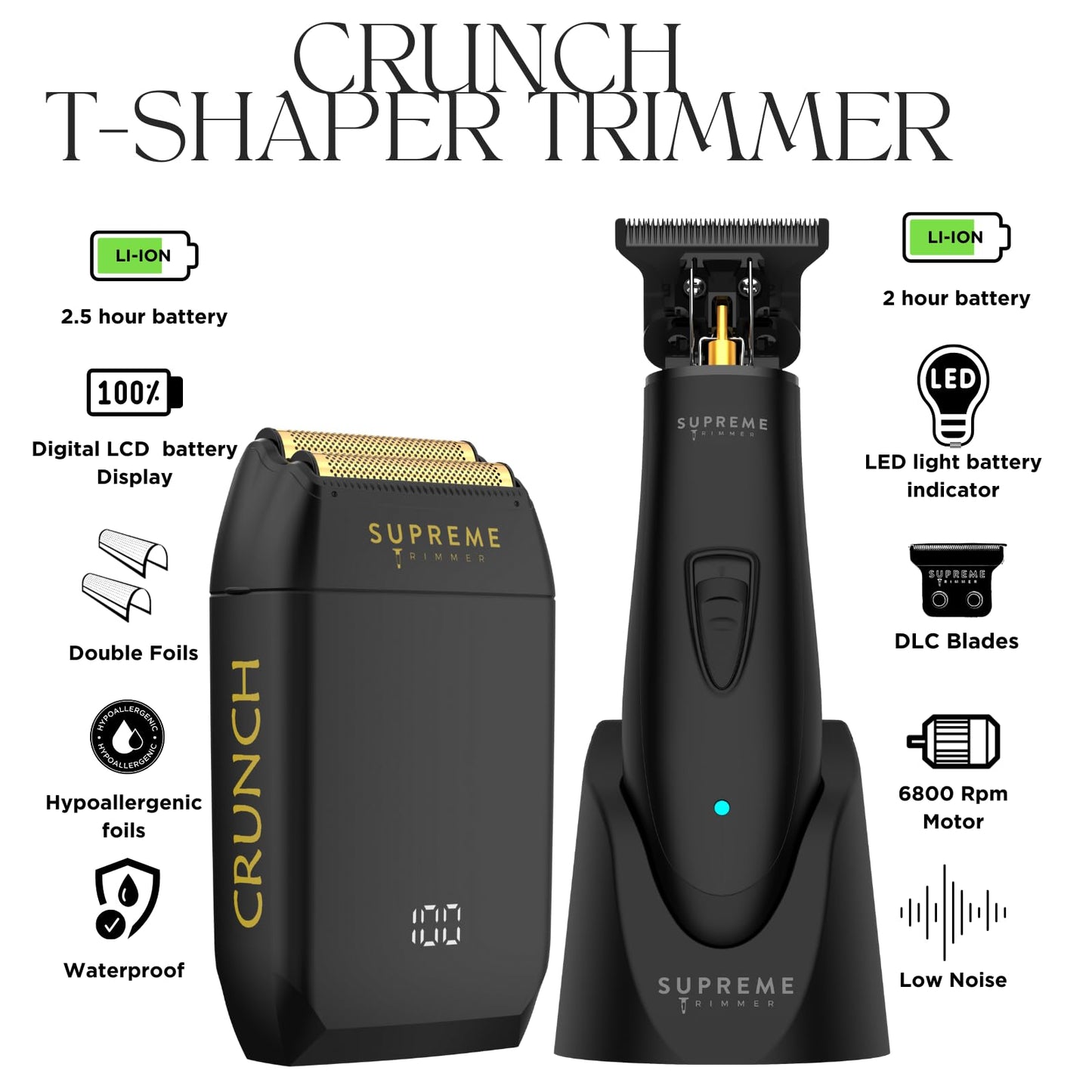 Supreme Trimmer 2 en 1 T-Shaper Trimmer & Crunch Foil Shaver | STF602 Maquinilla de afeitar eléctrica y ST5206 DLC Barber Trimmer Kit de corte de pelo de peluquero | Negro