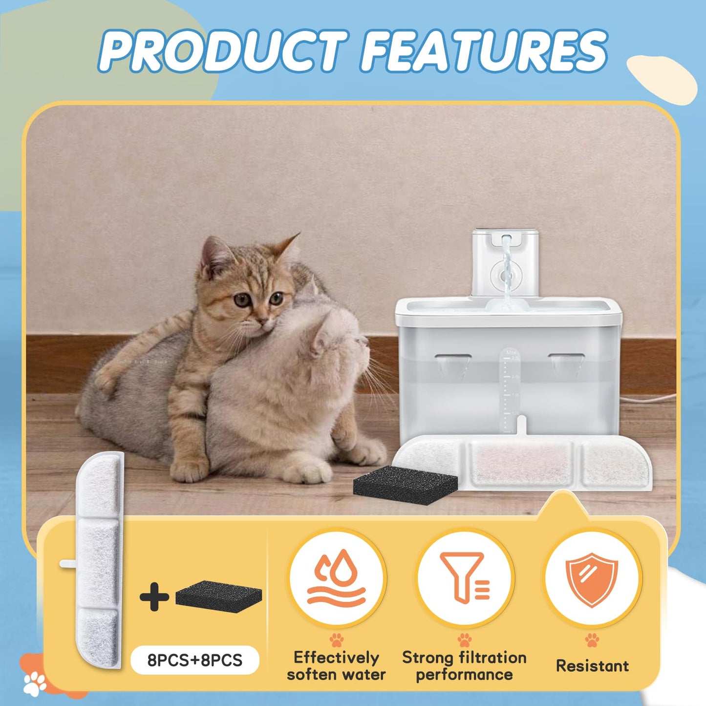 Filtros de Repuesto Downy Paws para Fuente de Agua de Gato Blanco con Triple Filtración (Paquete de 8)