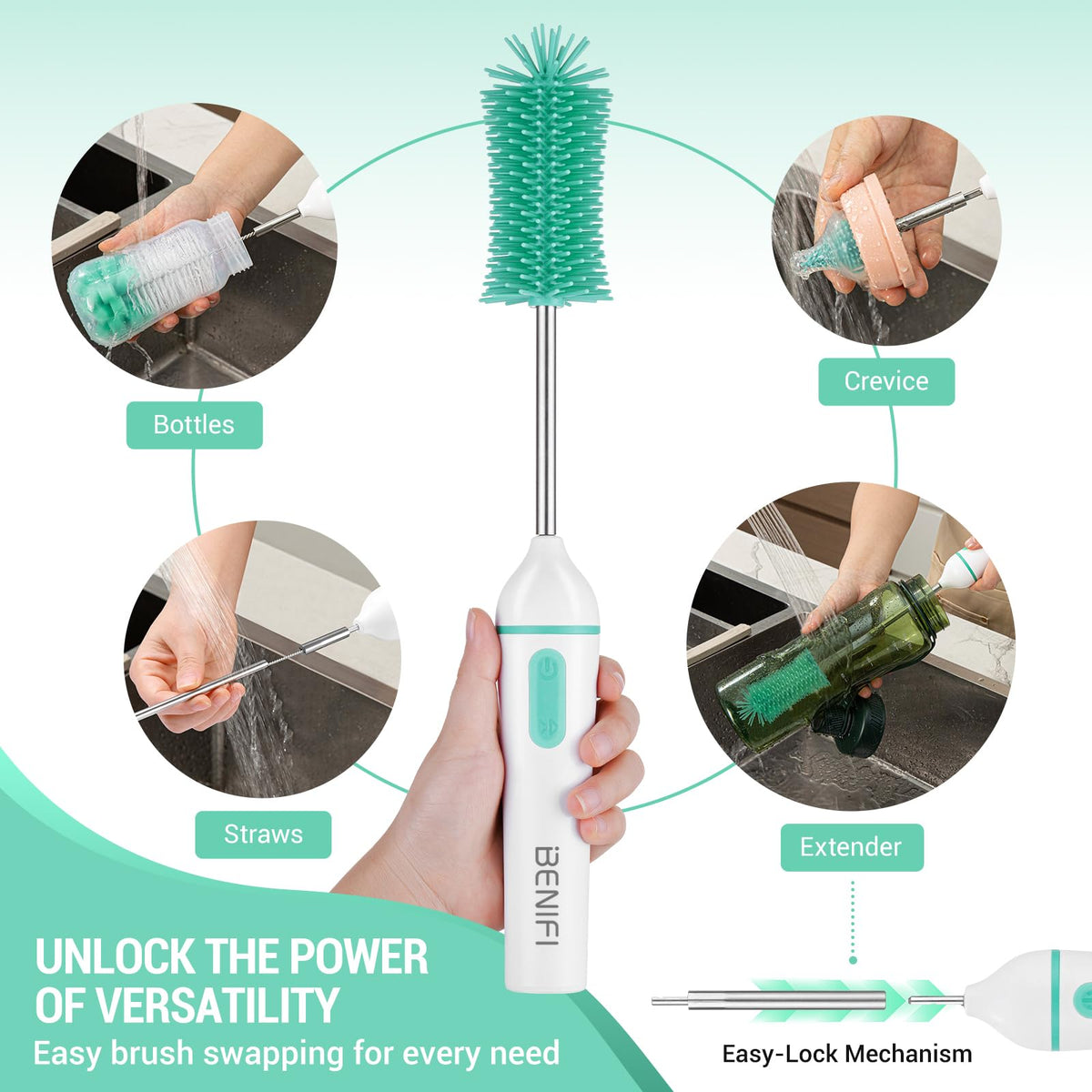 Travelling - Limpiador eléctrico de cepillos para biberones, juego de cepillos para biberones, totalmente a prueba de agua, cepillo para polvo de mango largo, cabezales de cepillo para polvo de