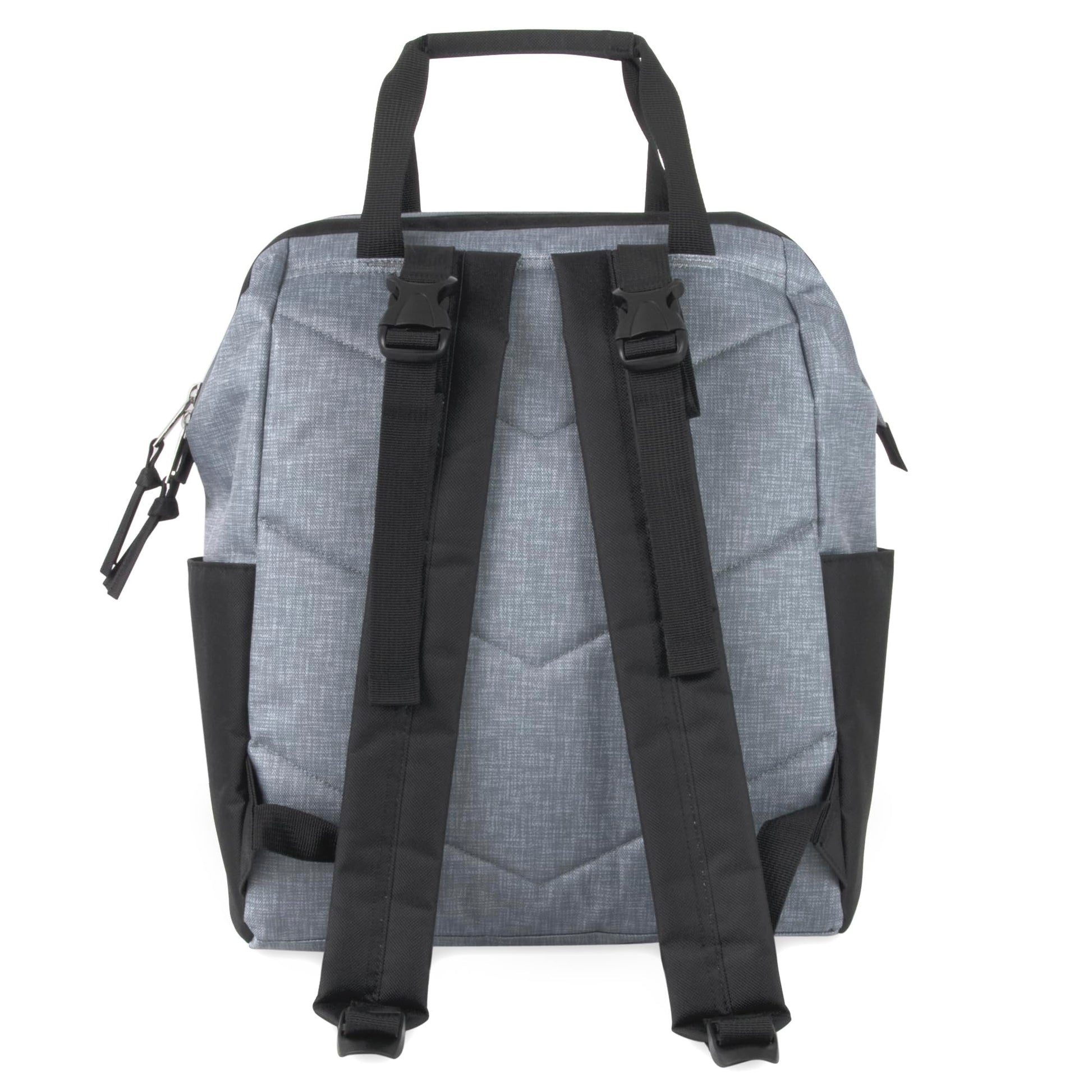 Baby Essentials - Mochila de pañales con marco principal súper enfriadora con cambiador, correas para carriola, compartimento aislado para botellas, Negro/Gris, Mediano, Mochila para pañales