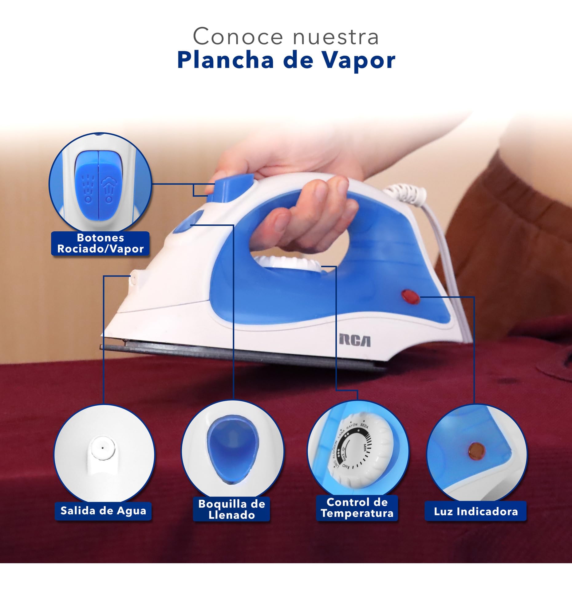 Plancha de Vapor RCA Azul con Suela Antiadherente y Vapor Vertical para Telas Delicadas