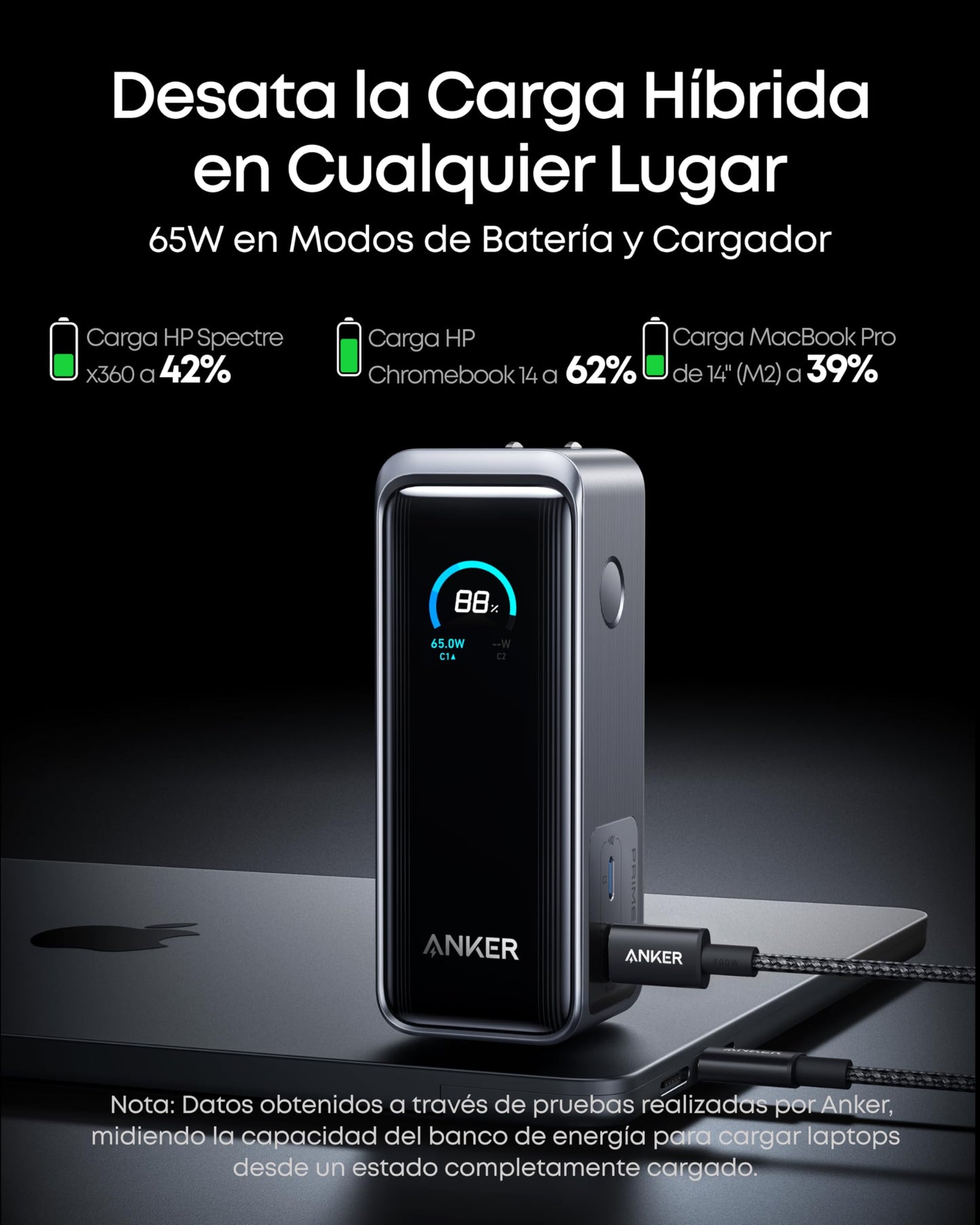Batería Portátil Anker 9600 mAh Enchufe Plegable Salida 65W para MacBook Pro y iPhone 15