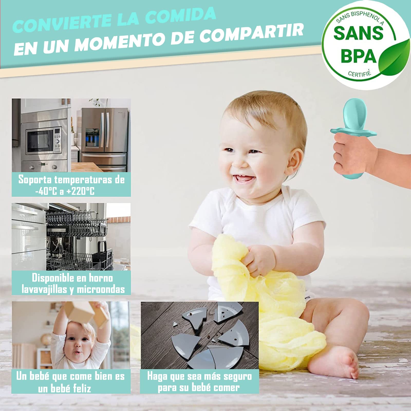 Set de Platos de Silicón para Bebé Verde Antivuelco Sin BPA