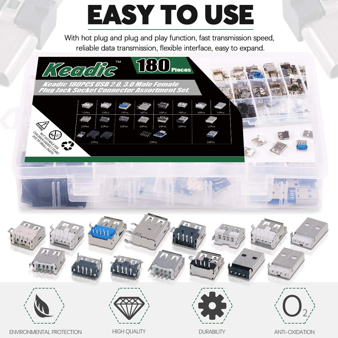 Juego de Conectores Micro USB y USB 3.0 Keadic Negro Diferentes Tamaños para PC y Tablet