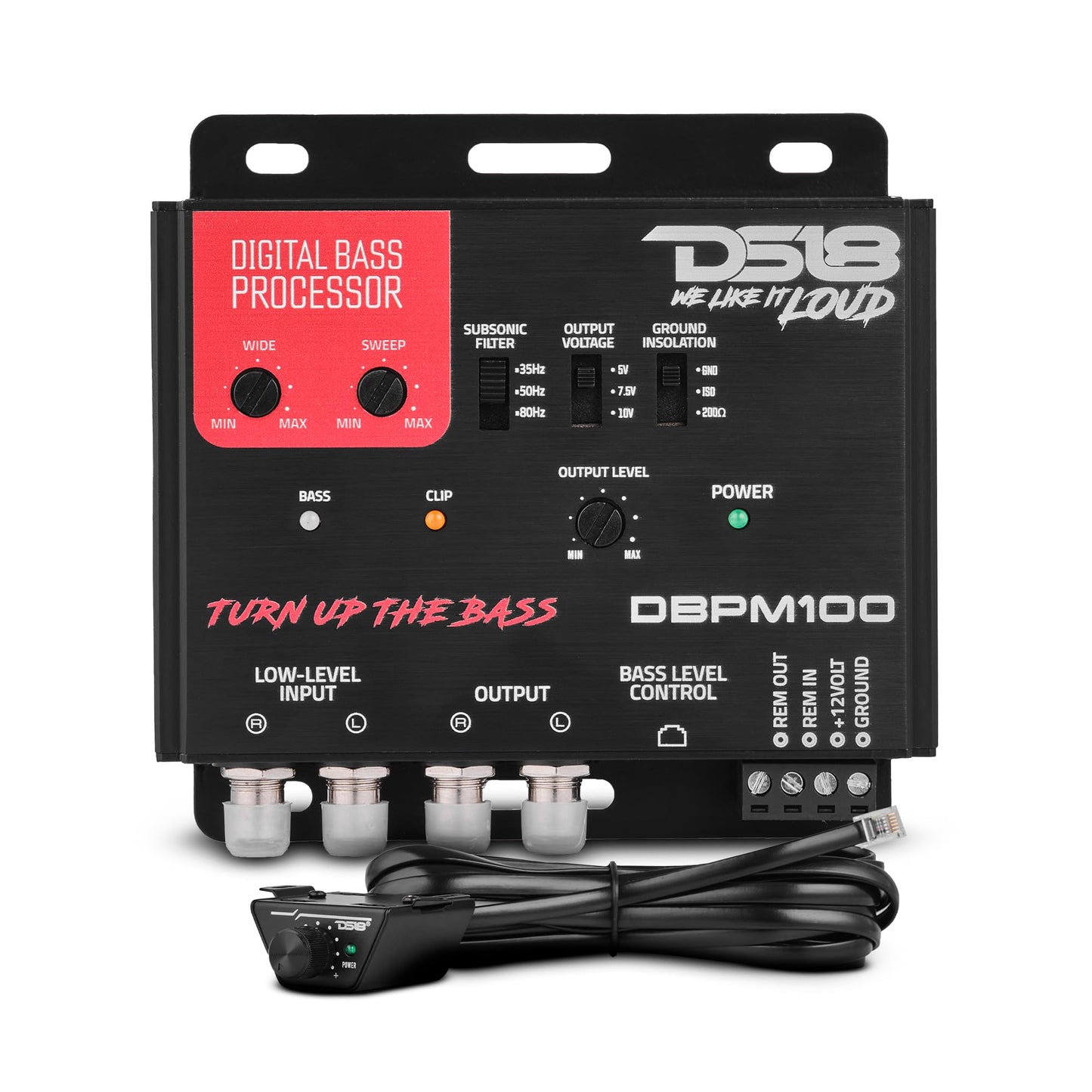 DS18 DBPM100 Procesador de graves digital para coche, 2 canales de preamplificador de entrada/salida, filtro subsónico, restauración digital, potenciador, control de nivel remoto con clip LED